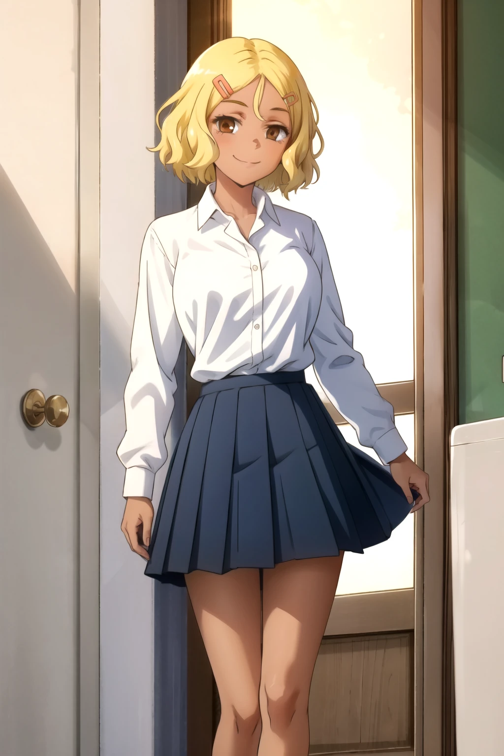 tall body, tall, long legs adult, Eft_Nagatoro_Yellow, blonde hair, 1girl, hair ornament, skirt, hairclip, brown eyes, solo, smile, dark skin, , short hair, dark-skinned female, shirt, pleated skirt, blue skirt, white shirt, window