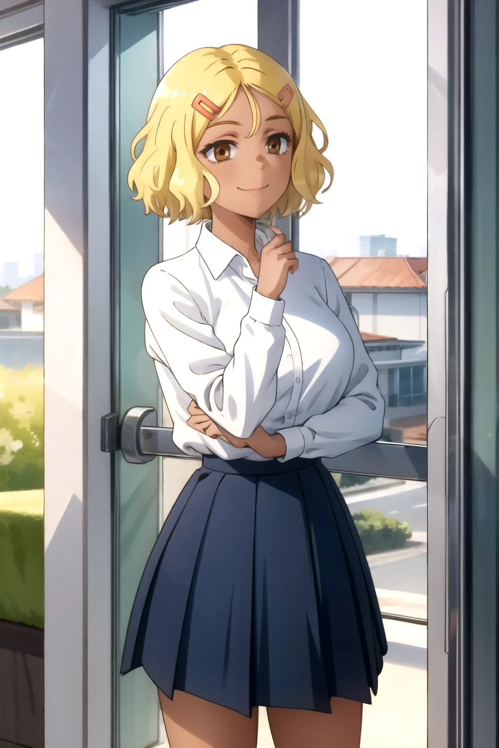 tall body, tall, long legs adult, Eft_Nagatoro_Yellow, blonde hair, 1girl, hair ornament, skirt, hairclip, brown eyes, solo, smile, dark skin, , short hair, dark-skinned female, shirt, pleated skirt, blue skirt, white shirt, window
