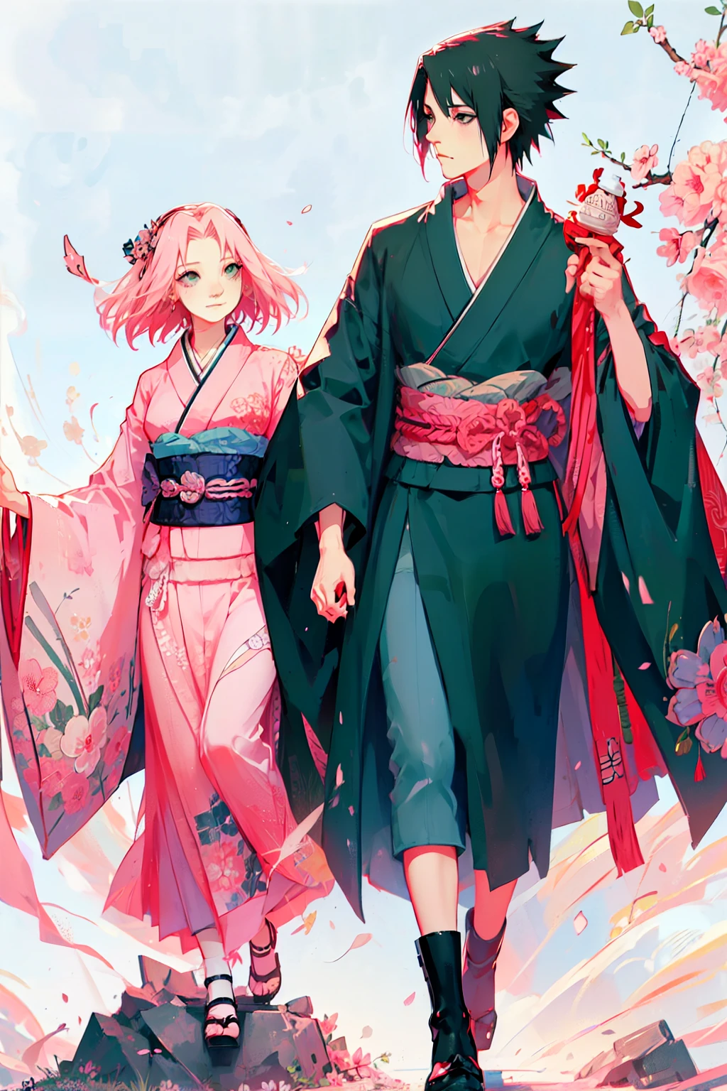 Sasusaku. Sasuke, the tall, handsome man with chiseled features, piercing black eyes, and black hair. He's wearing a kimono, he's a prince. The woman is sakura, equally stunning with soft features and delicate features, her hair is short and pink that falls elegantly around her face, adding to her romantic and dreamy appearance. She is wearing a kimono. The couple is in a ceremony at a temple. hands down.