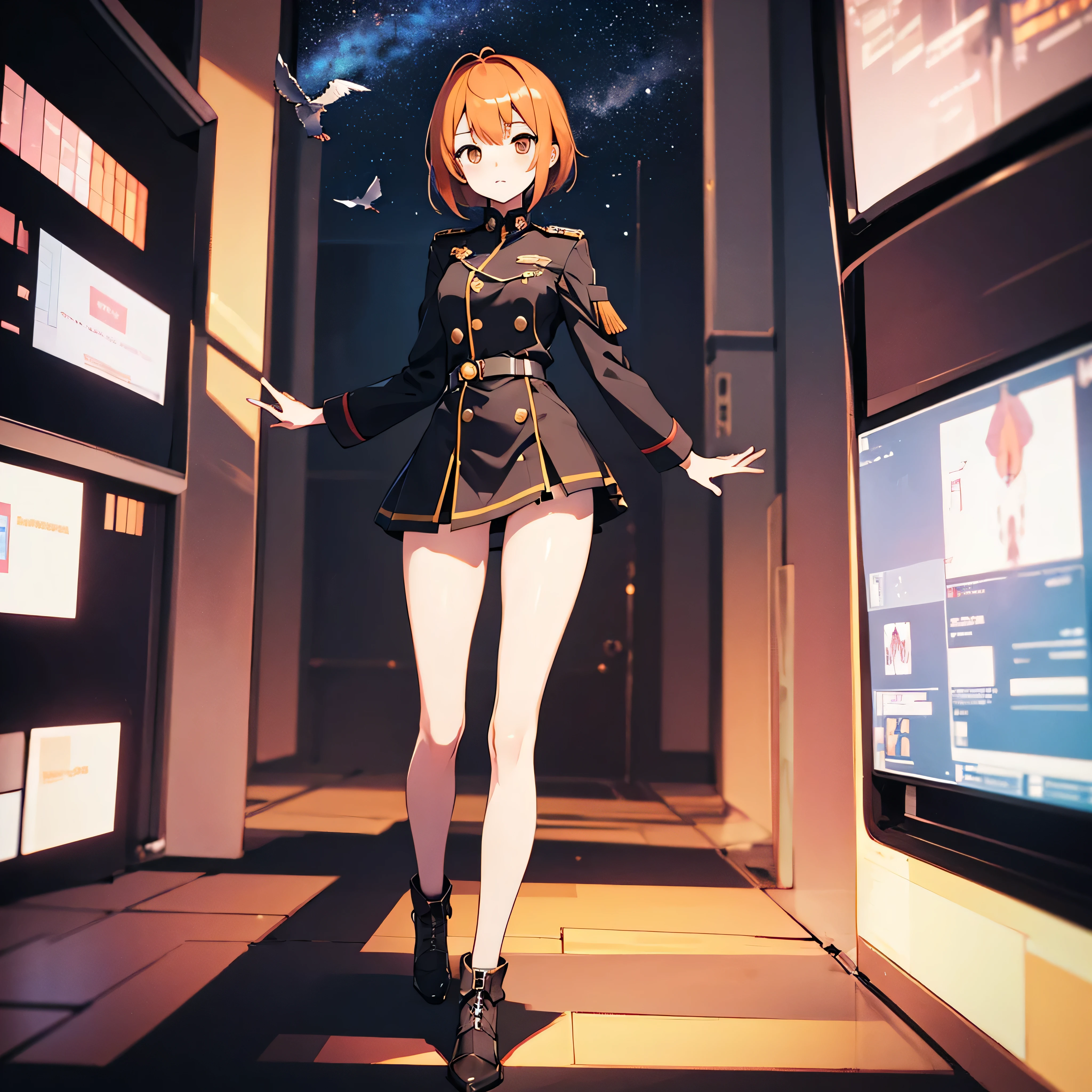 (solo), 1 childish girl standing in space ship, galaxy in distance, military uniform, too short skirt, orange short hair, long sidelocks, narrow shoulders, narrow waist, skinny long legs, thigh gap, pigeon toed, (nsfw:0.3)