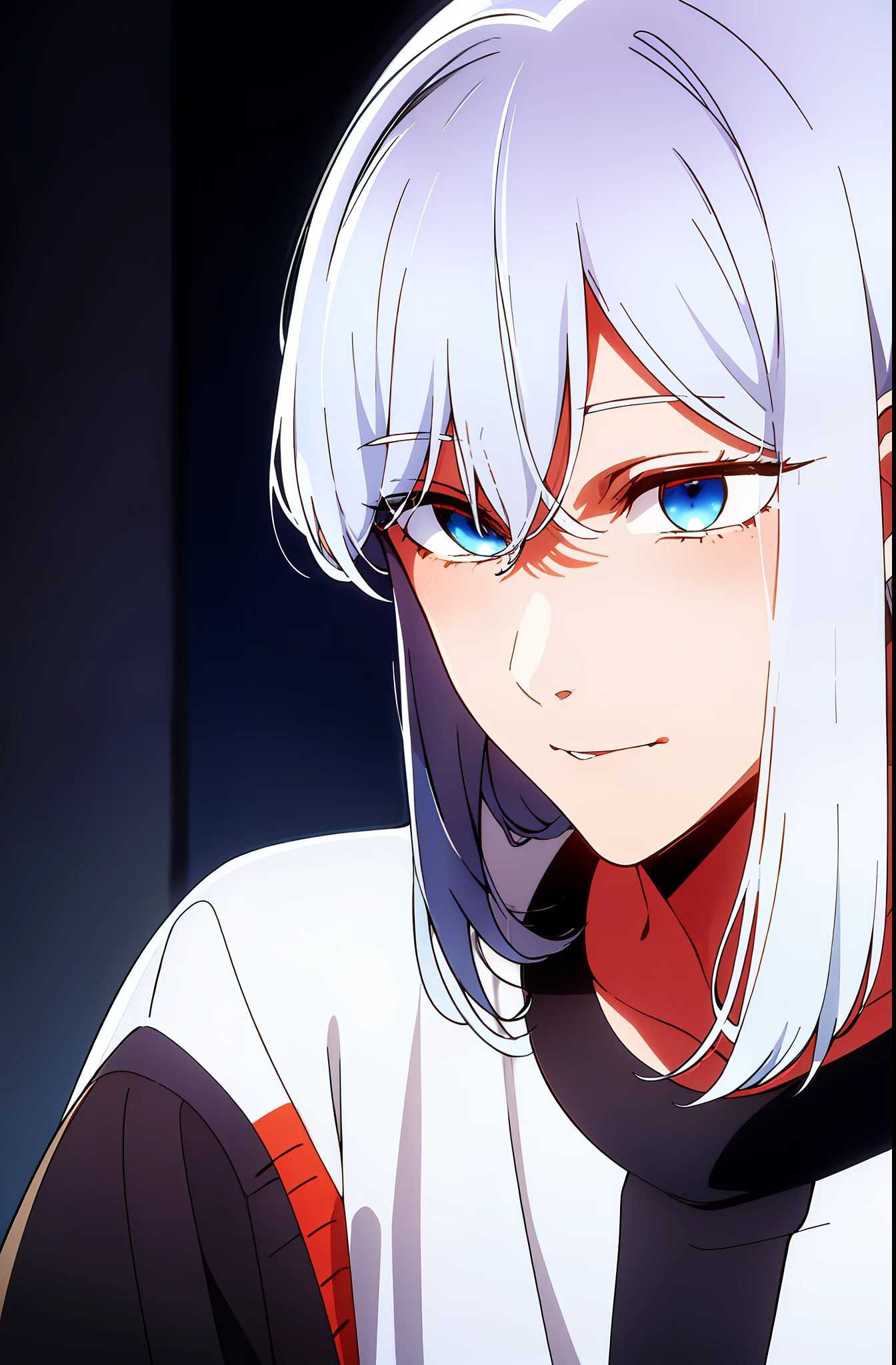 Boy, white hair, blue eyes, sharp features, white skin, orange lips, T-shirt, black sweater