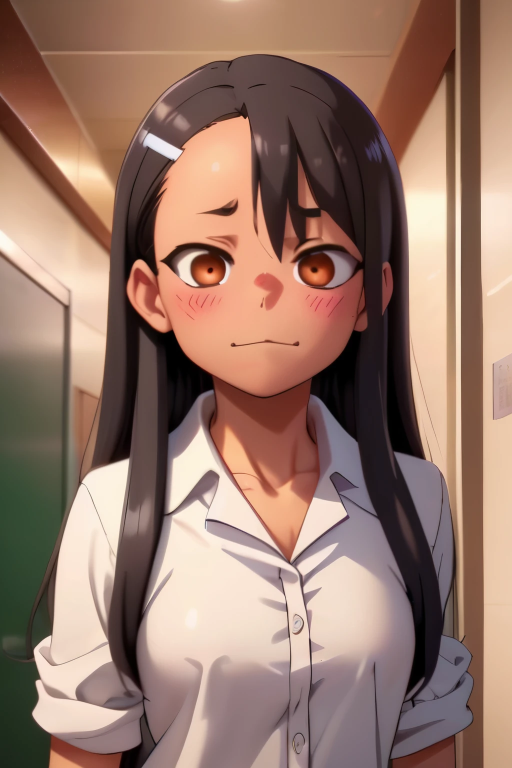 a girl nagatoro hayase standing in a japanese school hallway, she is wearing a collared white shirt,
she has a smug expression and a smirk on her face, her mouth is closed, her face is hyper detailed,
draw it in the style of Don't Toy with Me, Miss Nagatoro,
The soft lighting and detailed surroundings create an immersive environment where imagination runs wild
hyper-detailed,hyper-detailed face, high quality visuals, dim Lighting, sharply focused, octane render, 8k UHD