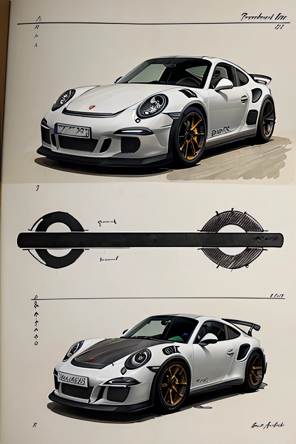 Sketchbook Style ((Porsche 911 GT3 RS)), Sketch book, white background, hand drawn, dark, gritty, realistic sketch, rough sketch, mix of bold dark lines and loose lines, bold lines, on paper, twist character sheet, steampunk world, mysterious symbols, runes, dark theme, perfect composition golden ratio, masterpiece, best quality, 4k, sharp focus. Better hand, perfect anatomy. by With Design in Mind