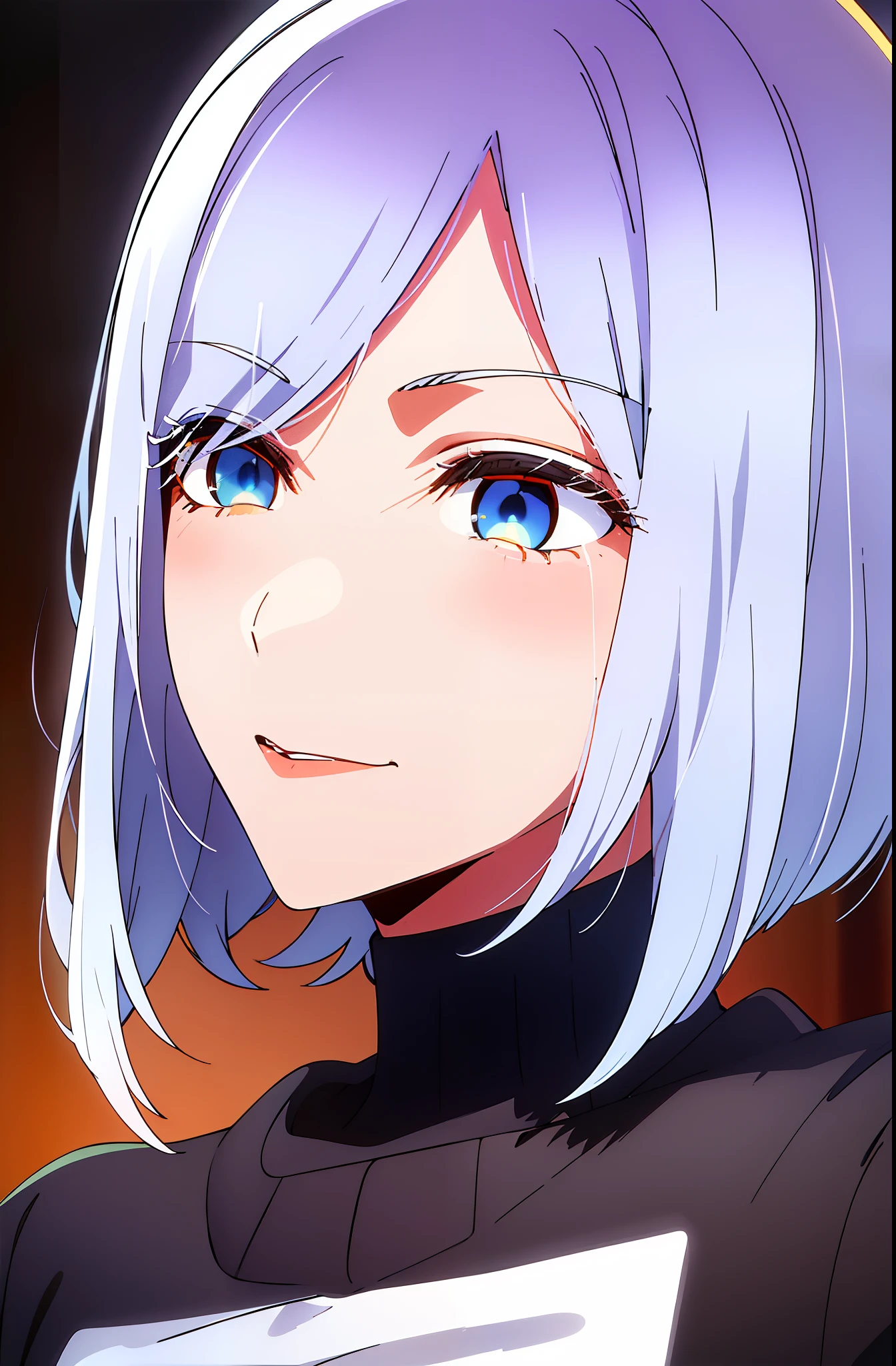 Boy, white hair, blue eyes, sharp features, white skin, orange lips, T-shirt, black sweater