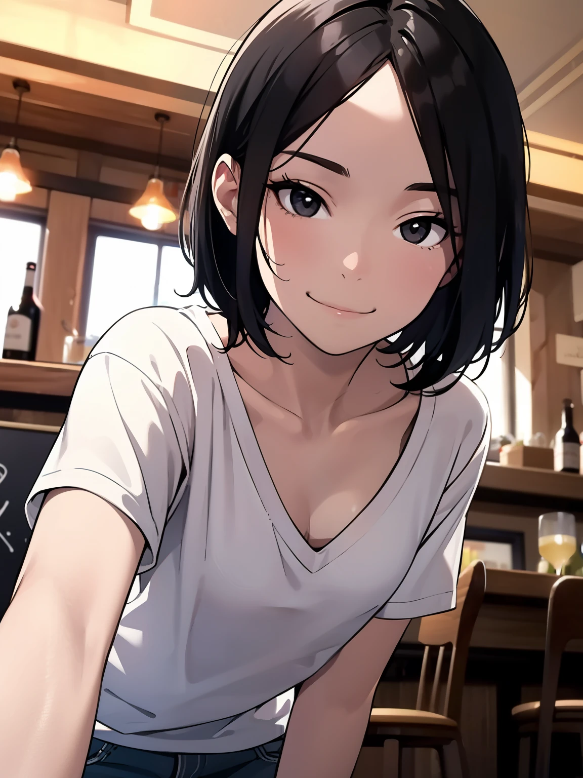 selfie:1.1、smile、leaning forward、from the front、drinking alcohol at a pub、masterpiece, High resolution,High-definition CG Unity 8K,realistic,beautiful and detailed face, white skin,detailed hair textu1 girl,black eyes,skinny,flat chest, black hair,very short hair, forehead,swept bangs,side undercut,(white V-neck t-shirt),