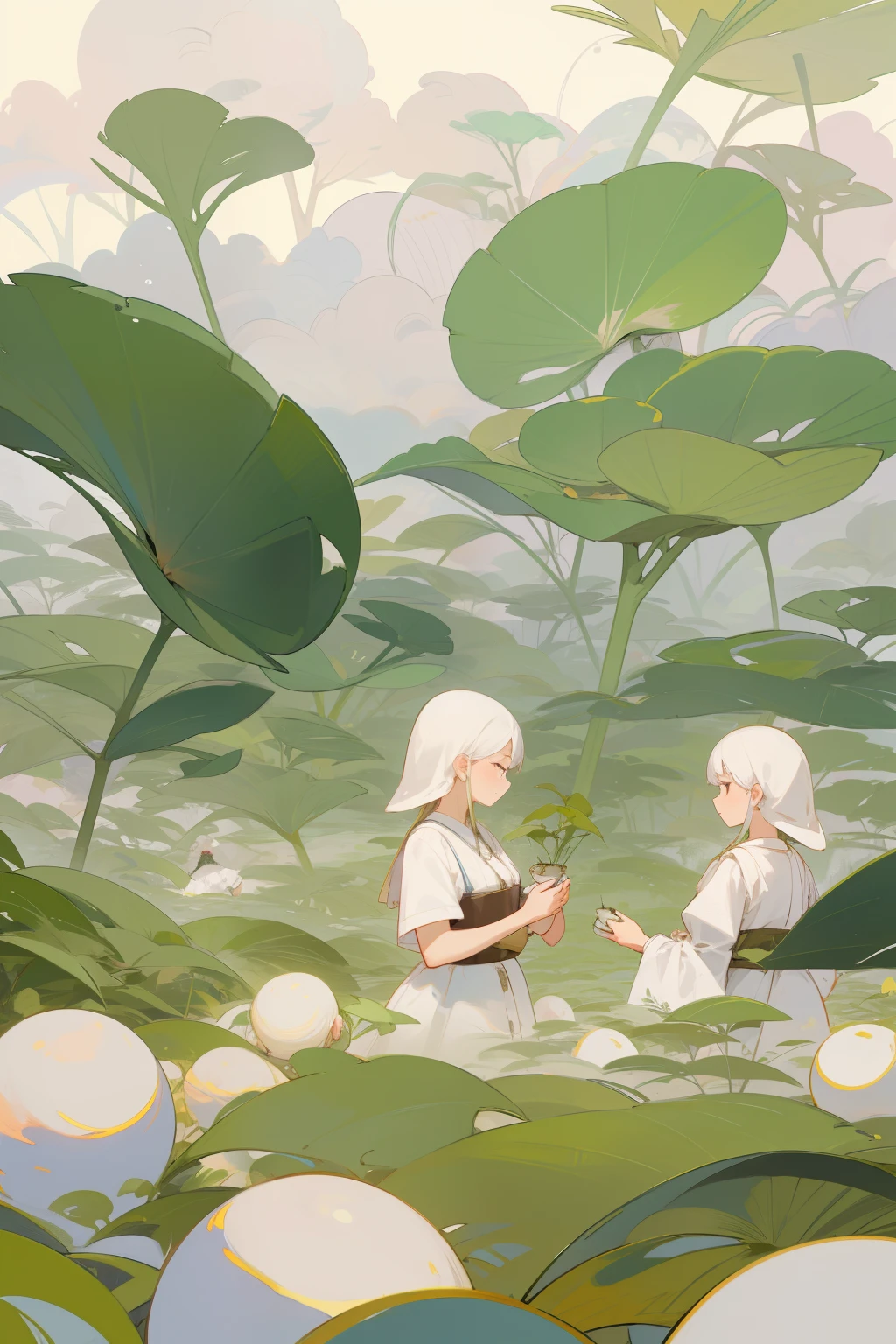Traditional scene of laboring individuals under auspicious cloud pattern on a white background,
Picking tea leaves with focused expressions,
Their attire embodies simplicity and humbleness,
Incredibly absurd yet fascinating,
A serene atmosphere resonates in this tranquil scene.