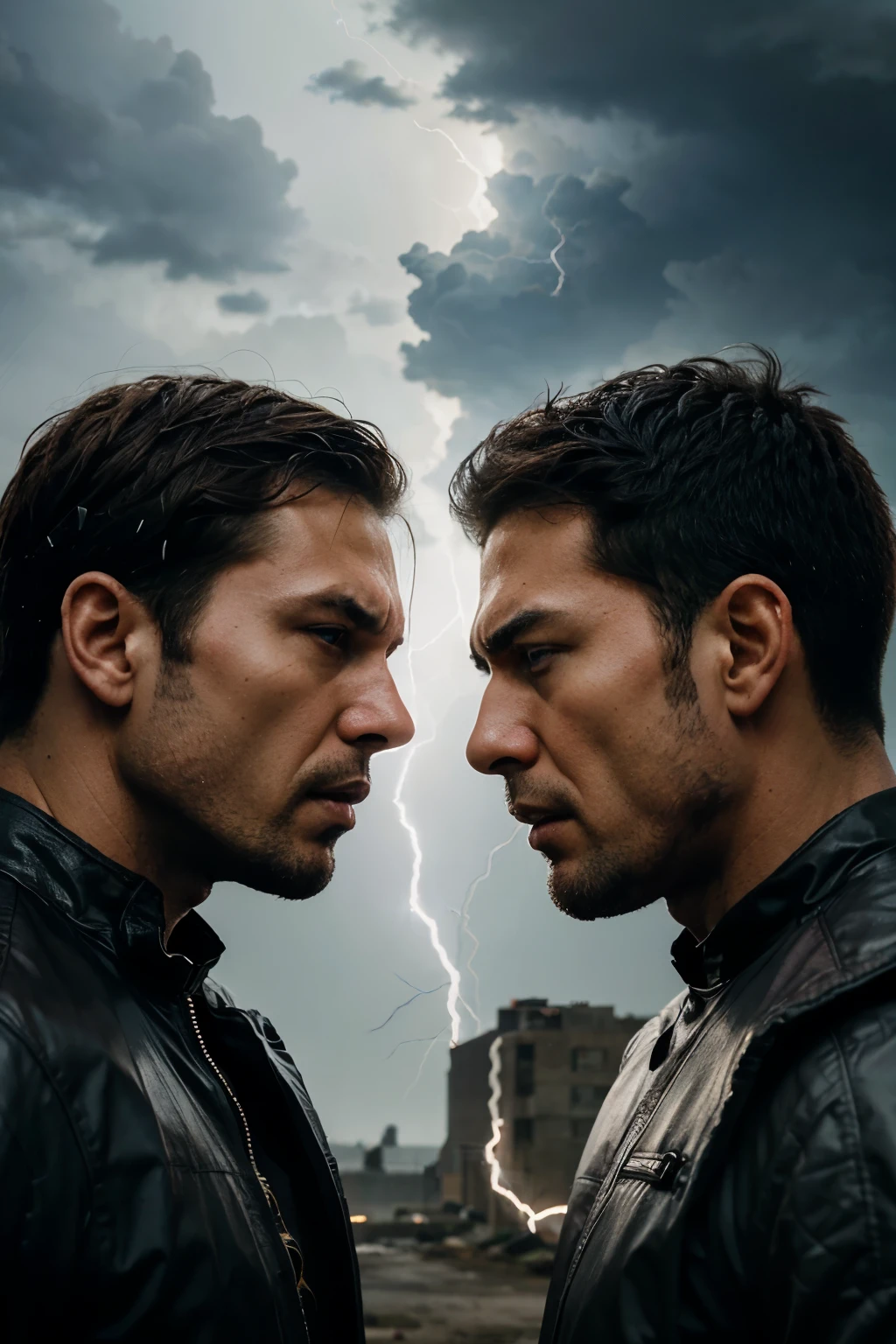 Face shot close, two very strong men angry enemy face to face separated by lightning