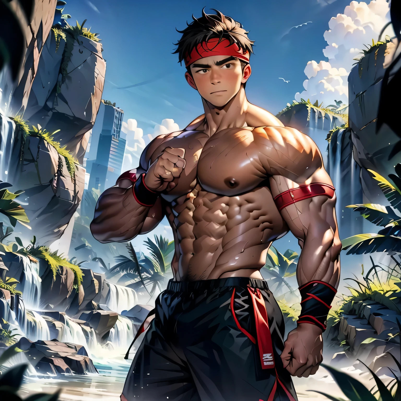 (Masterpiece, Best quality 18 year old boy, simple background, cowboy shot), focus boy, solo, Young, boy, full bodyesbian, Shirtless, topless, (Dark Short straight hair, under cut, brown eyes), (torn cloth, red headband, ((black wristband))), Vivid colors, (hot Abs, big breast, chest muscle, upper arms), (topless male), closed mouth, serious, tight muscler body, Man with martial arts stance, (((epic martial arts pose)))