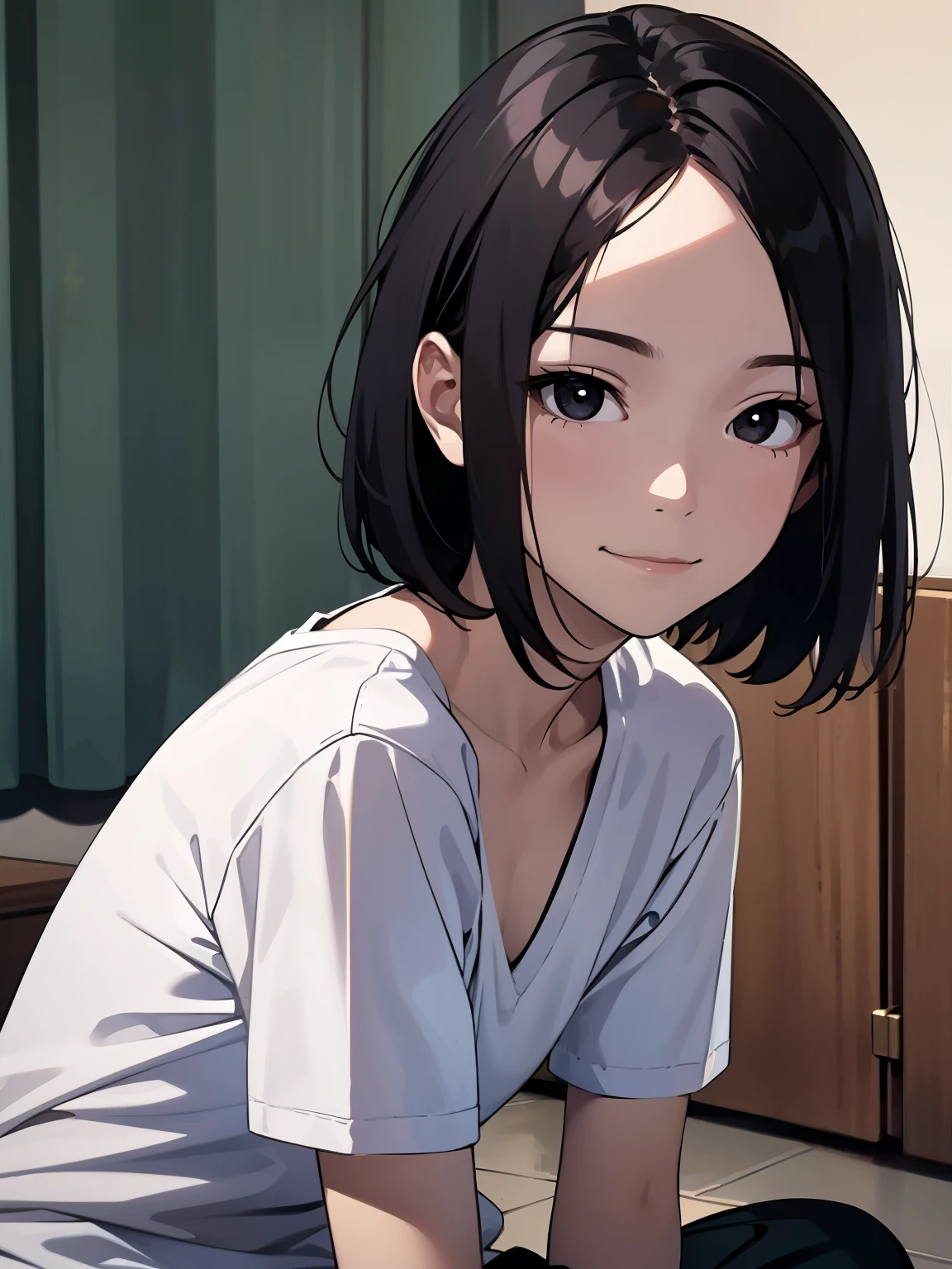 selfie:1.1、smile、leaning forward、From the side、sit on the floor、masterpiece, High resolution,High-definition CG Unity 8K,realistic,beautiful and detailed face, white skin,detailed hair textu1 girl,black eyes,skinny,flat chest, black hair,very short hair, forehead,swept bangs,side undercut,(white V-neck t-shirt),