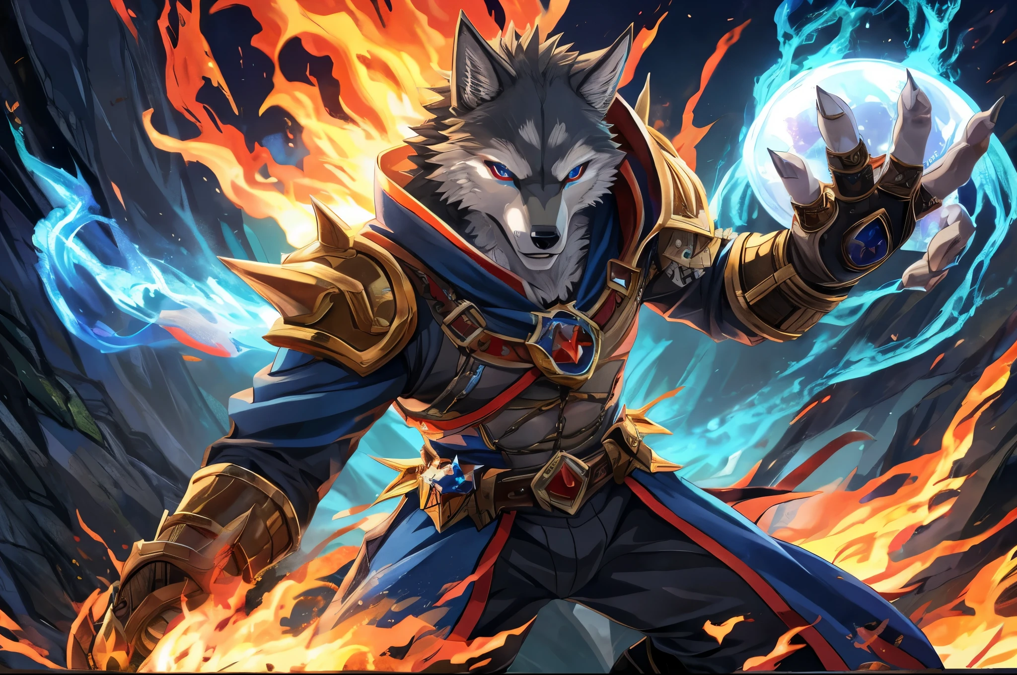 furry, male, anthro, (Wolf Tail), Duo, (Realistic eye details:1.2), (beautiful detailed eyes), anime characters there is a Wolf man in armor with chains and a glowing orb, fighting with wolves he uses yellow armor, furry fantasy art, published art, very very beautiful furry art, epic full color illustration, anthro art, full art, full art illustration, furry art, roleplaying game art, orange fire/blue ice duality!, in hearthstone art style, blue fire powers, pov furry art, furry anime, furry art!!!, full body like, slim body, in a panoramic view, good looking, anime style, 8k, 4k anime wallpaper, anime art wallpaper 8 k, 2 d art, 2d art, badass anime 8 k, anime art wallpaper 4k, detail art