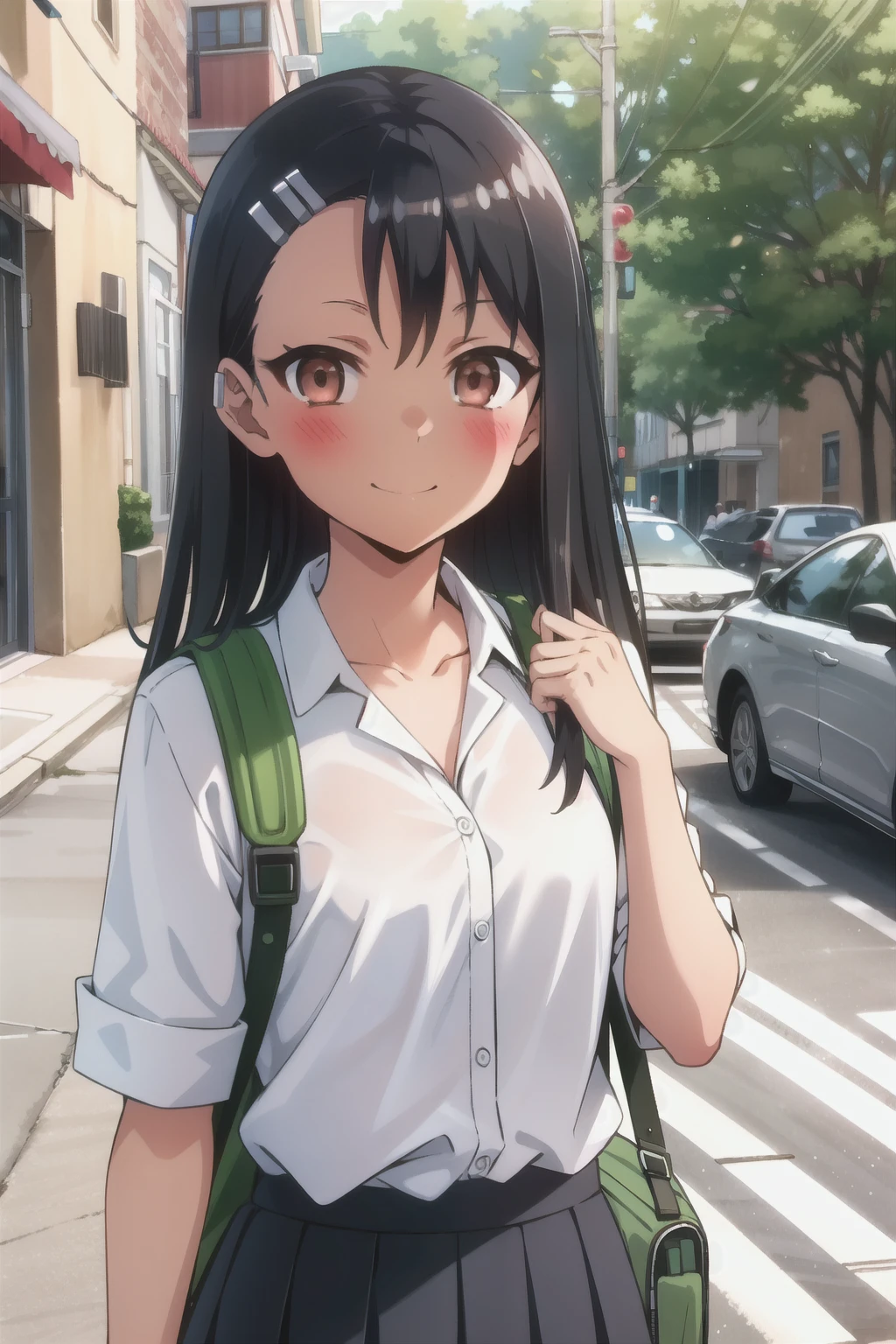 tall body, tall, long legs, mature female, mature, adult, Eft_Nagatoro_Main, nagatoro hayase, 1girl, blush, solo, shirt, black hair, bag, brown eyes, hair ornament, looking at viewer, hairclip, outdoors, backpack, smile, long hair, white shirt, dark-skinned female, dark skin, , bangs, day, skirt, collared shirt, collarbone, earclip, sleeves rolled up, closed mouth, tree, asymmetrical bangs, upper body