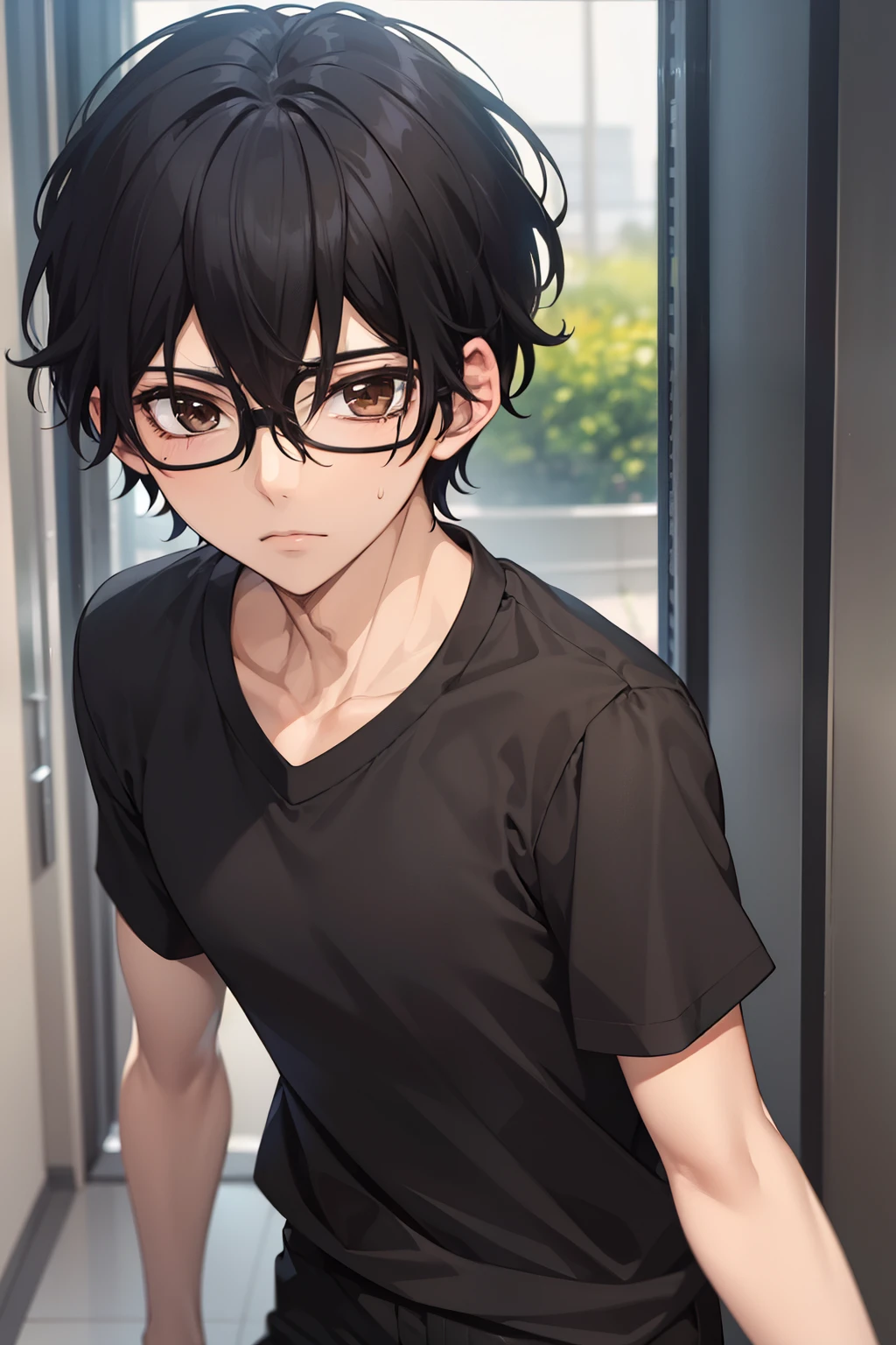 masterpiece, best quality, wallpaper, 1boy, solo, male focus, looking at viewer,walking , depth of field, momo_sakaki, black hair, brown eyes, hair between eyes, black shirt, Short sleeves shirt,black shorts, glasses, 16k resolution