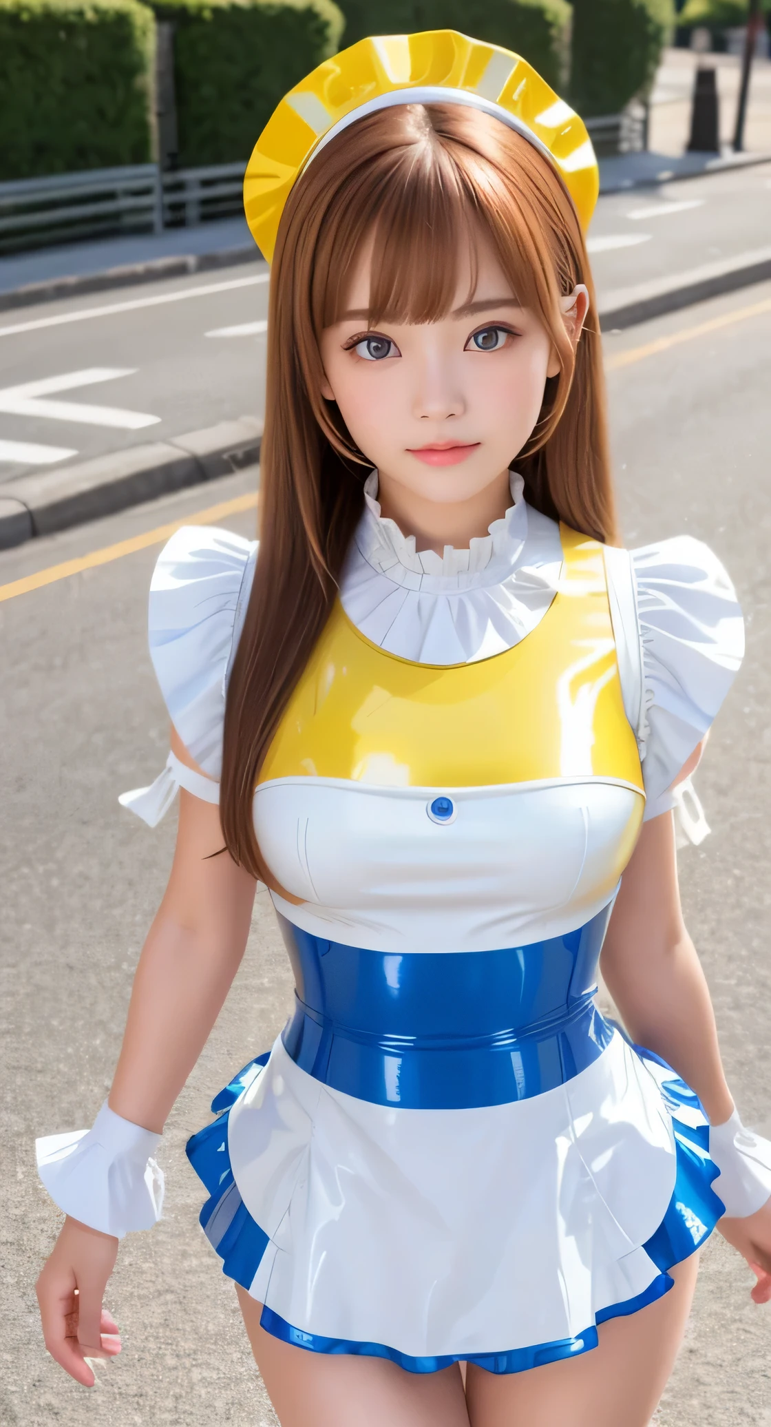 Angelic very beautiful cute young girl,
Beautiful detailed eyes,
Detailed double eyelids,
(Soft Saturation: 1.3),
(Fair skin: 1.3),v-line jaw,
(Large eyes:1.4),
Long straight brown hair,
see-through bangs,(15 yo:1.3),
Sharp Focus,
beautiful detailed face and eyes,
drooping eyes,
small straight nose,
small mouth,
happy smiling with visible teeth, 85mm lens, F/8.0,BREAK (Super shiny yellow and blue latex maid costume :1.3),Walking,Brown hair ,(Costumes with strong reflective surfaces:1.3),
(Best Quality:1.2),(Maid latex costume:1.5),
Raw photo,
High resolution,
perfect detail,
Professional Photography,
Professional Lighting,
Powerful lighting of the costume,In the street