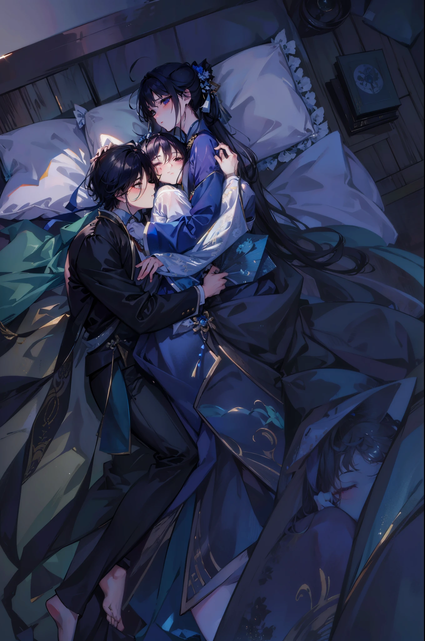 super high quality，masterpiece，Two handsome men and a woman hugging each other on the bed, through new art, artistic, author：Naka Bokunin, Lingchang, Lingchang art, Fan painting”, He held her while she slept, High quality fan art, Official fan art, author：Kobayashi Kiyochika, HD