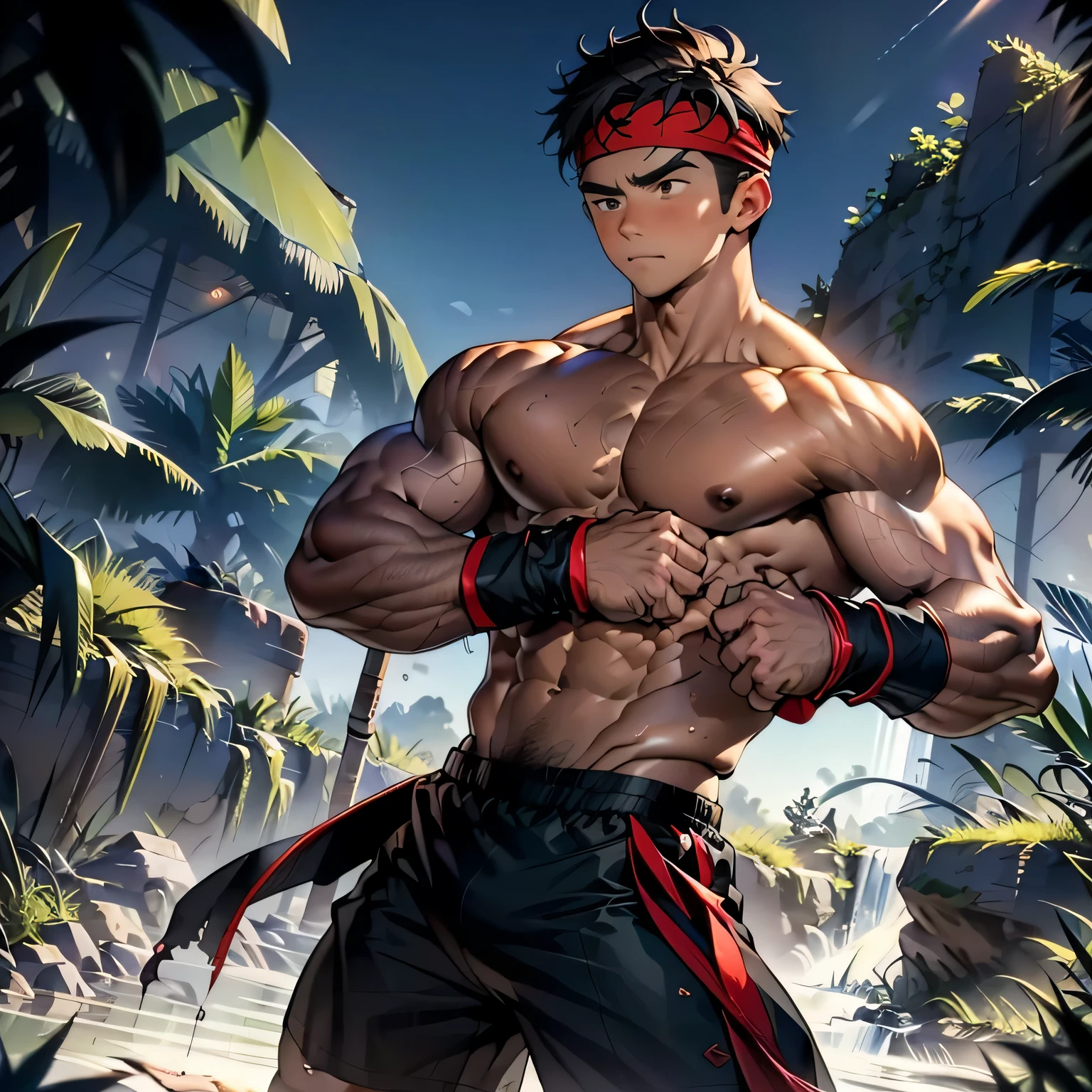 (Masterpiece, Best quality 18 year old boy, simple background, cowboy shot, looking away), focus boy, solo, Young, boy, full bodyesbian, Shirtless, topless, (Dark Short straight hair, under cut, brown eyes), (torn cloth, red headband, ((black wristband))), Vivid colors, (hot Abs, big breast, chest muscle, upper arms), (topless male), closed mouth, serious, tight muscler body, Man with martial arts stance, (((epic martial arts pose)))