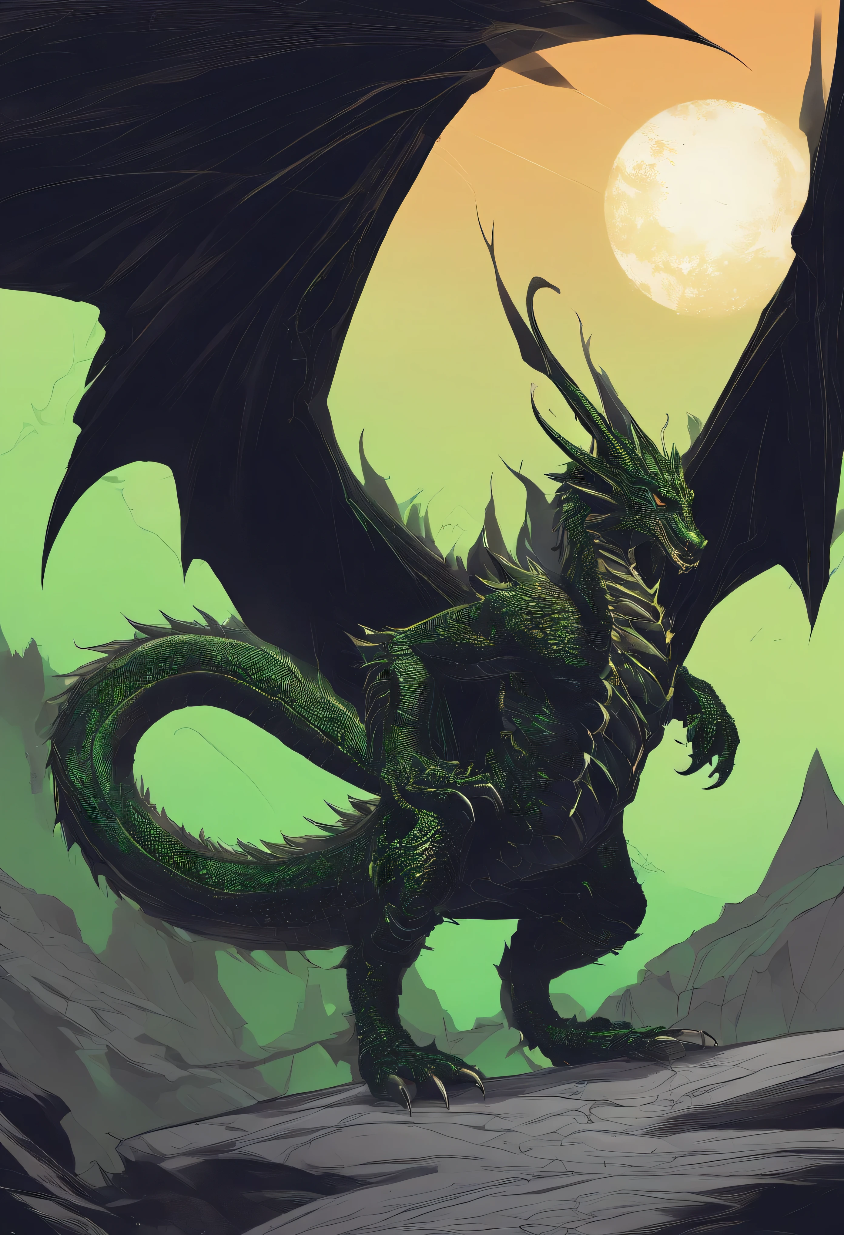 （Black Green Dragon），（The sun outlines the dragon&#39;s body)，Dragon flaps its wings，(shining light)，alone,night,Multiple silhouettes，First-person elevation angle，Super detailed，best quality，masterpiece，（8K)，Very detailed，epic artwork