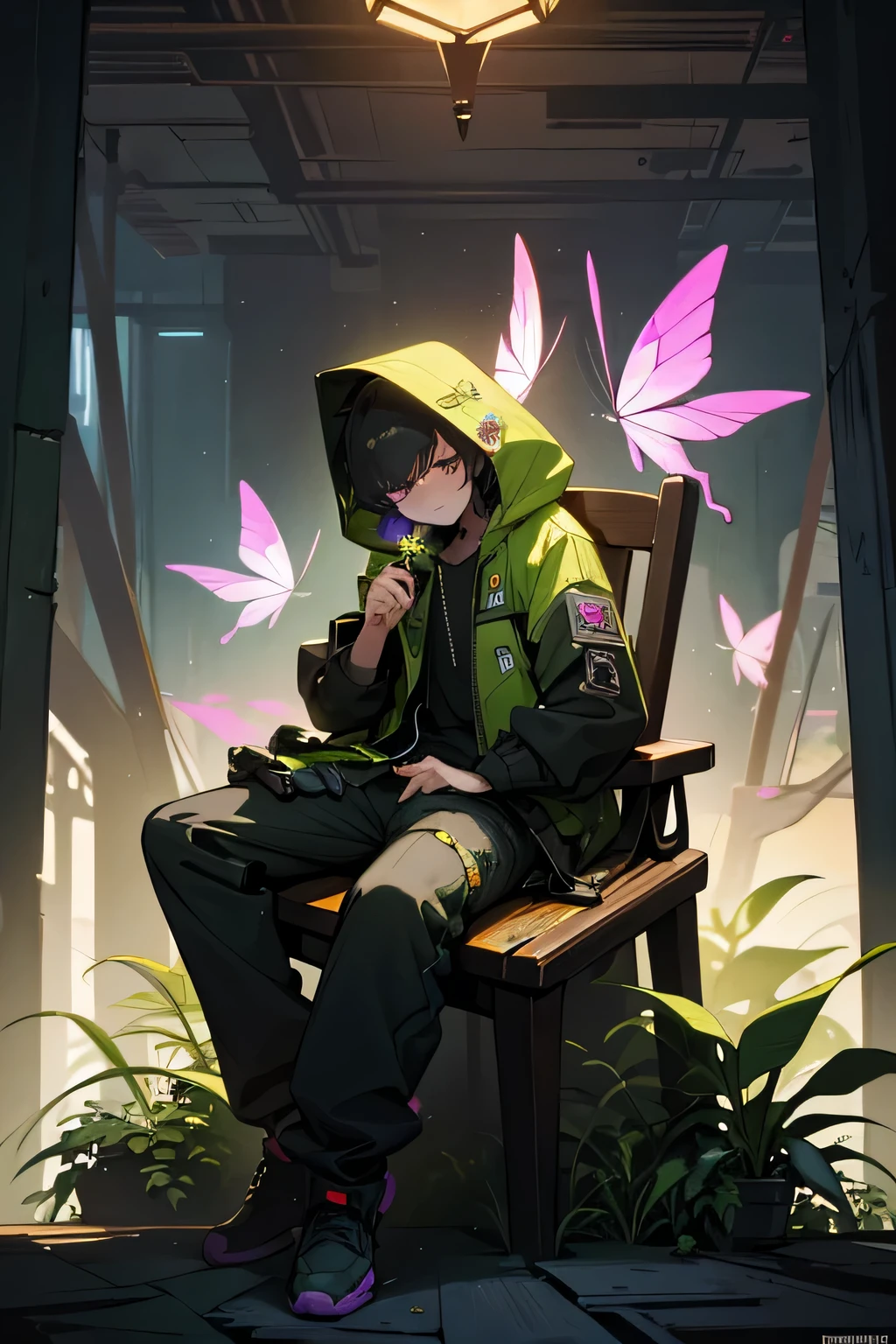 masterpiece,best quality,8k,accurate lighting,male,infected by colorful flower,half of body takeovered by flower,numerous plant growing on his body,plant body,techwear,hoodie,holding a pocket knife,buttefly knife,dystopia city,sitting in old wooden chair