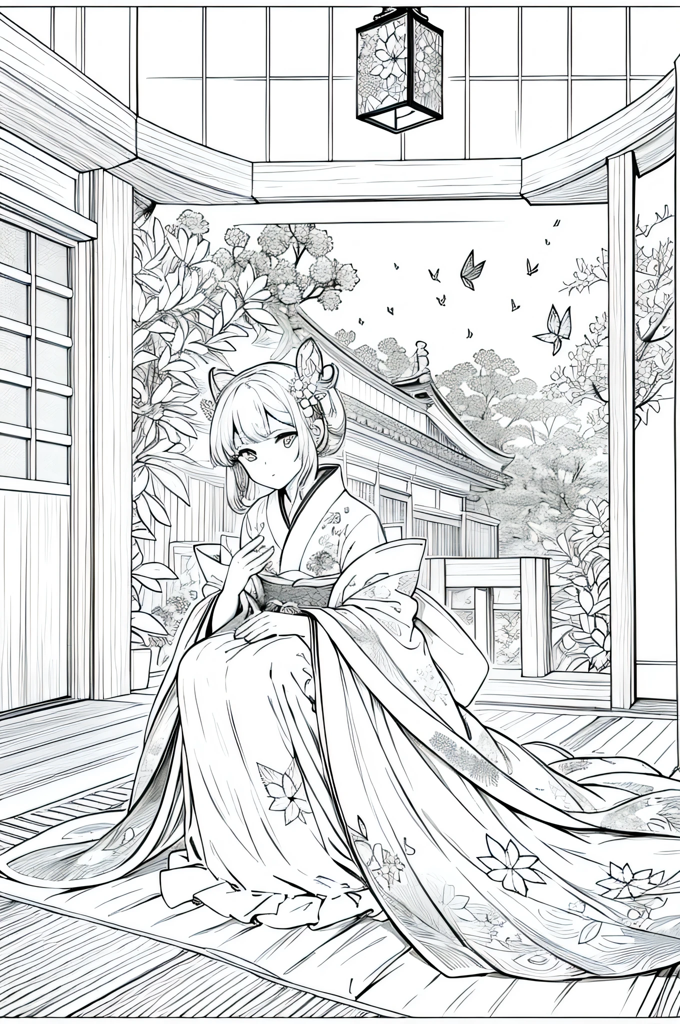 A woman dressed in a magnificent and beautiful uchikake with butterflies and flowers, nsfw, sexy, la mano se relaja en la sala de tatami. Tiene un rostro hermoso.. She is dressed in a luxurious kimono . A magnificent folding screen. A lantern is lit in the dimly lit tatami room at night.. El dibujo detallado sexy. alta calidad de imagen.