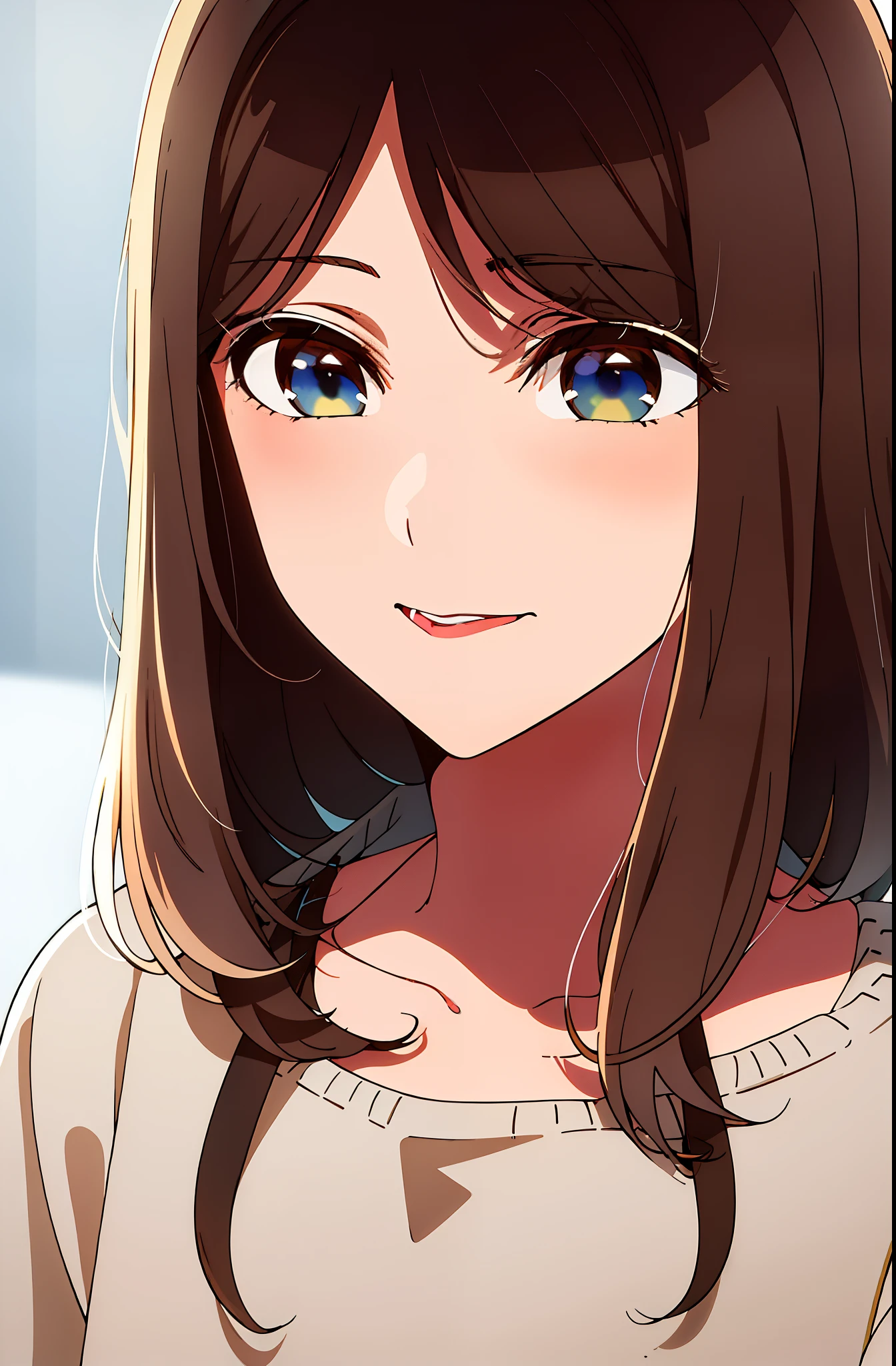Girl, long brown hair, gray eyes, sharp features, white skin, cherry lips, soft and delicate,