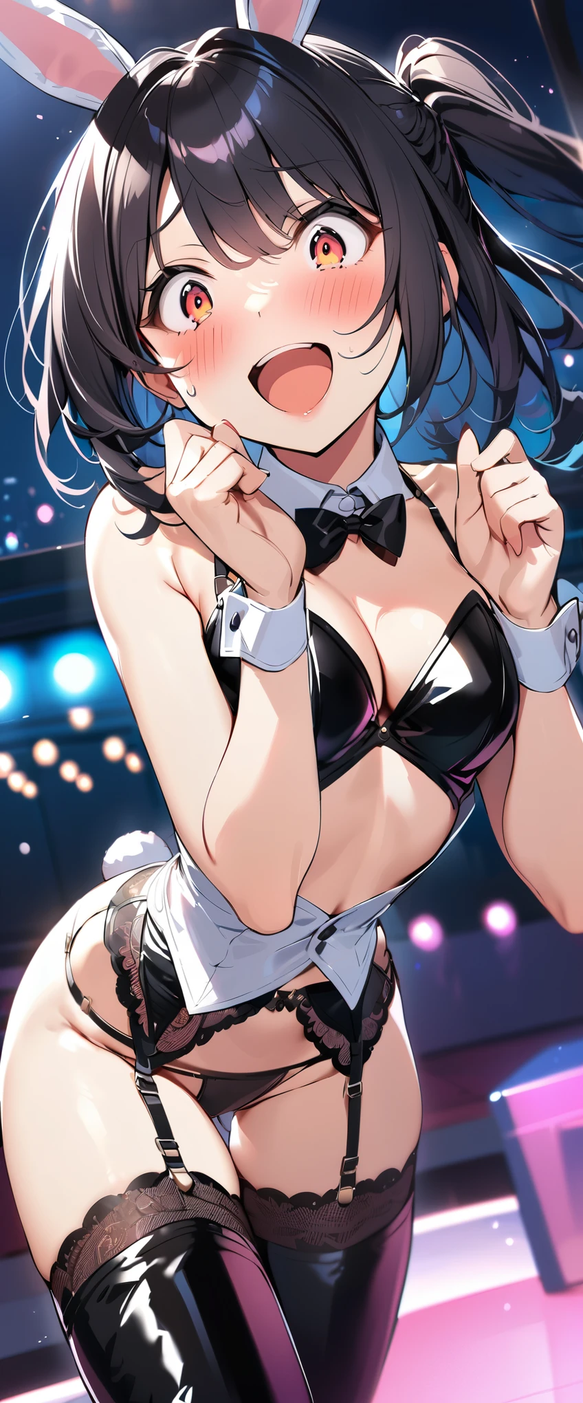 woman,20-year-old,,party venue,night,(((Bunny girl))),open mouth smile((leather thigh high boots))(garter belt),((black hair)),blush、surprised face,(())()