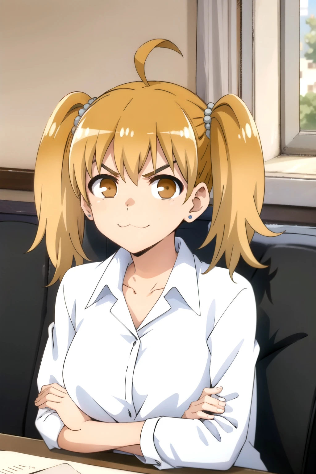 tall body, tall, long legs, mature female, mature, adult, Eft_Nagatoro_Twin, 1girl, solo, :3, twintails, earrings, jewelry, shirt, brown eyes, looking at viewer, ahoge, white shirt, stud earrings, upper body, v-shaped eyebrows, brown hair, smile, sitting, collared shirt, collarbone, breasts, hair ornament, blonde hair, dress shirt