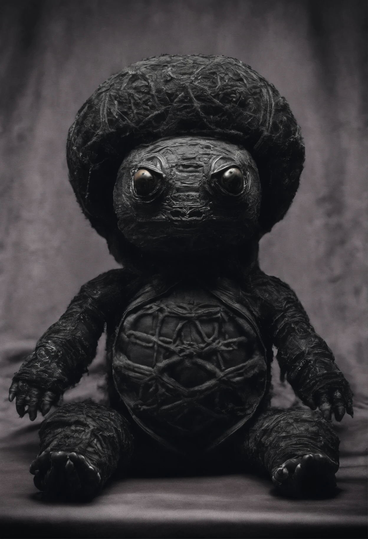 gender neutral spineless plush, stuffed with foam rubber, turtle, in the body of a Afro-Frenchman with an underdeveloped Napoleon complex