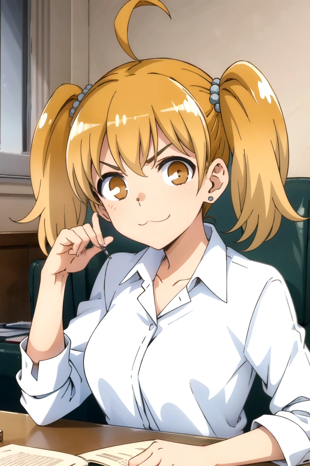 tall body, tall, long legs, mature female, mature, adult, Eft_Nagatoro_Twin, 1girl, solo, :3, twintails, earrings, jewelry, shirt, brown eyes, looking at viewer, ahoge, white shirt, stud earrings, upper body, v-shaped eyebrows, brown hair, smile, sitting, collared shirt, collarbone, breasts, hair ornament, blonde hair, dress shirt