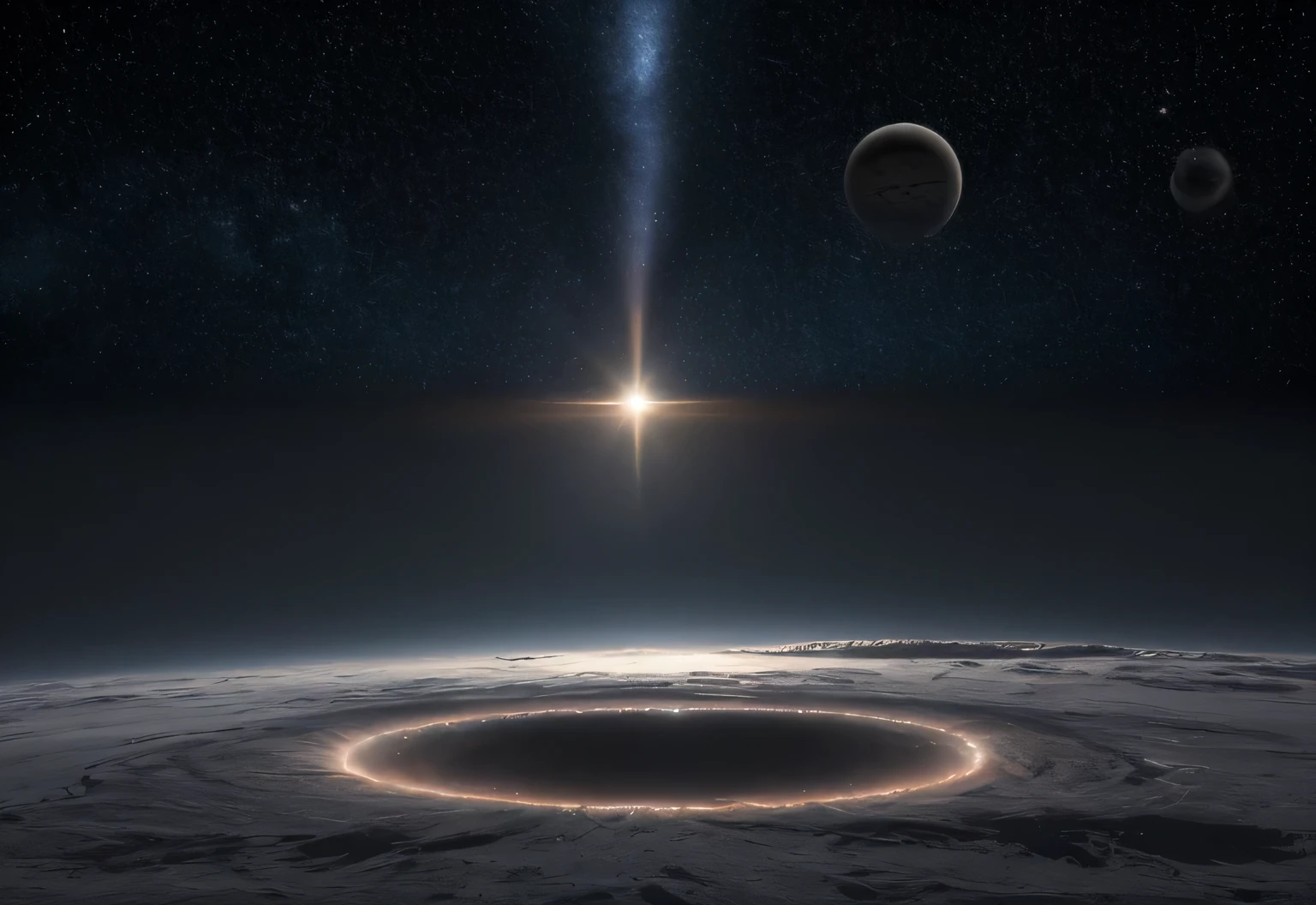 space, dreamlike, symbolism, surrealism, symbol, surreal, abstract, texture, concept art, 8k, shadowed, atmospheric, stars --uplight, black hole on center, sundog, perfect sun halo, circle