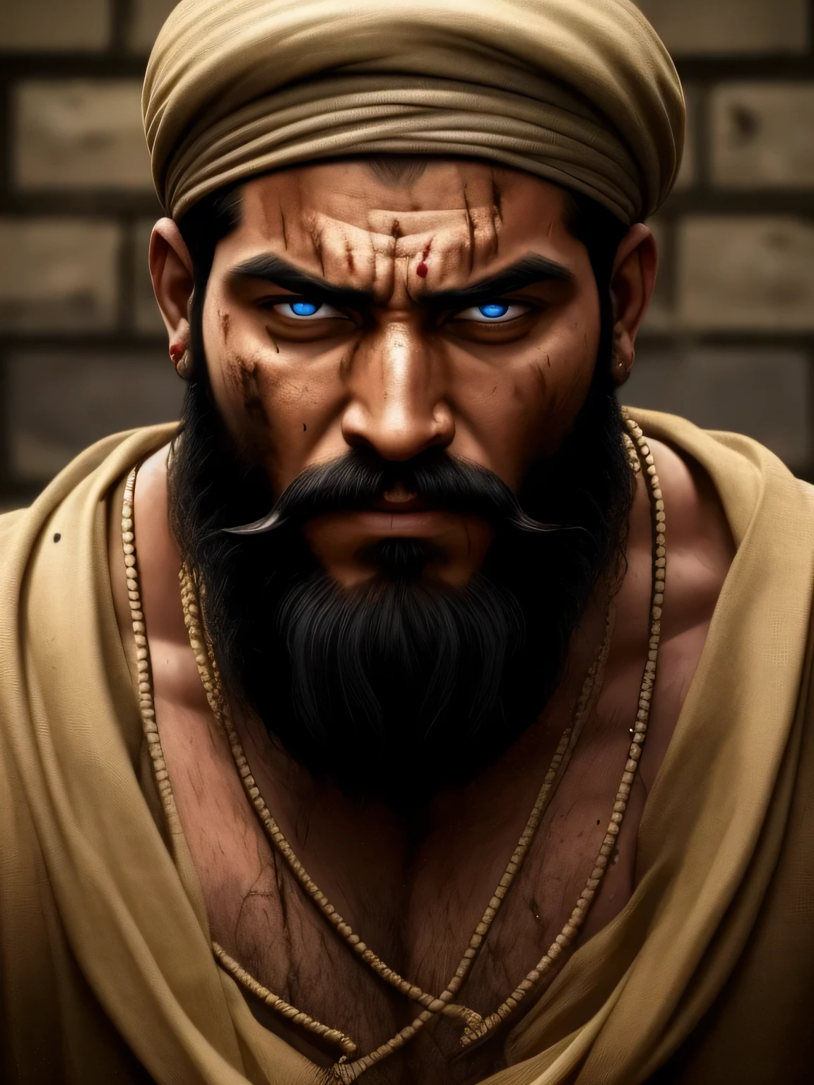 1 名man, man,ferocious face,Devil's face,eyes,Face full of embarrassment,Face is dirty,The whole body is dirty,bearded,indian clothing, The background is in prison