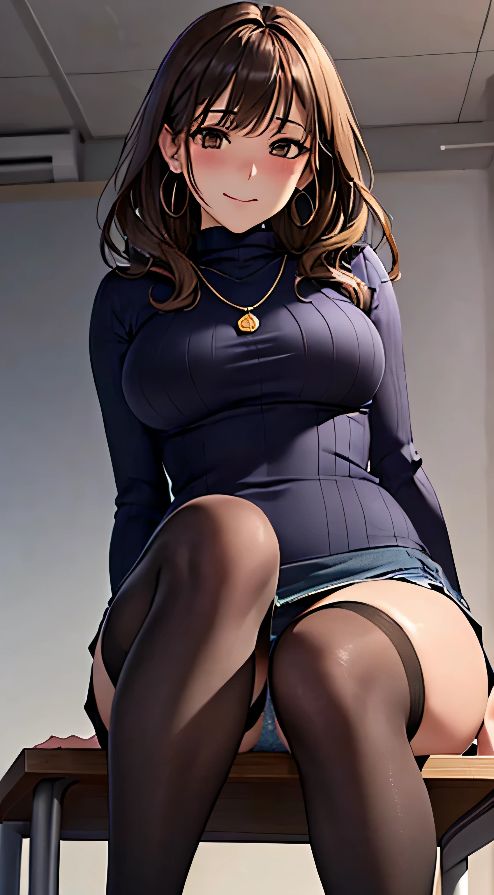 (table top, highest quality, High resolution, , perfect pixel, 4k,), 1 girl, single, alone, Beautiful woman、I could see the whole body、 ((wavy mid-length hair, bangs, brown hair)), ((brown eyes, beautiful eyelashes, realistic eyes)), ((detailed face, blush:1.2)), ((smooth texture:0.75, realistic texture:0.65, realistic:1.1, Anime CG style)), medium breasts, dynamic angle, perfect body, ((, female teacher, , earrings、necklace、 turtleneck sweater、、black knee high stockings、((open both legs wide、open both knees))、Tight denim skirt、shy smile、Sitting at the pulpit、emphasize the chest)), Upper 、、、evening、、(You can see the blue and white lace panties、、(、)、angle from below)、