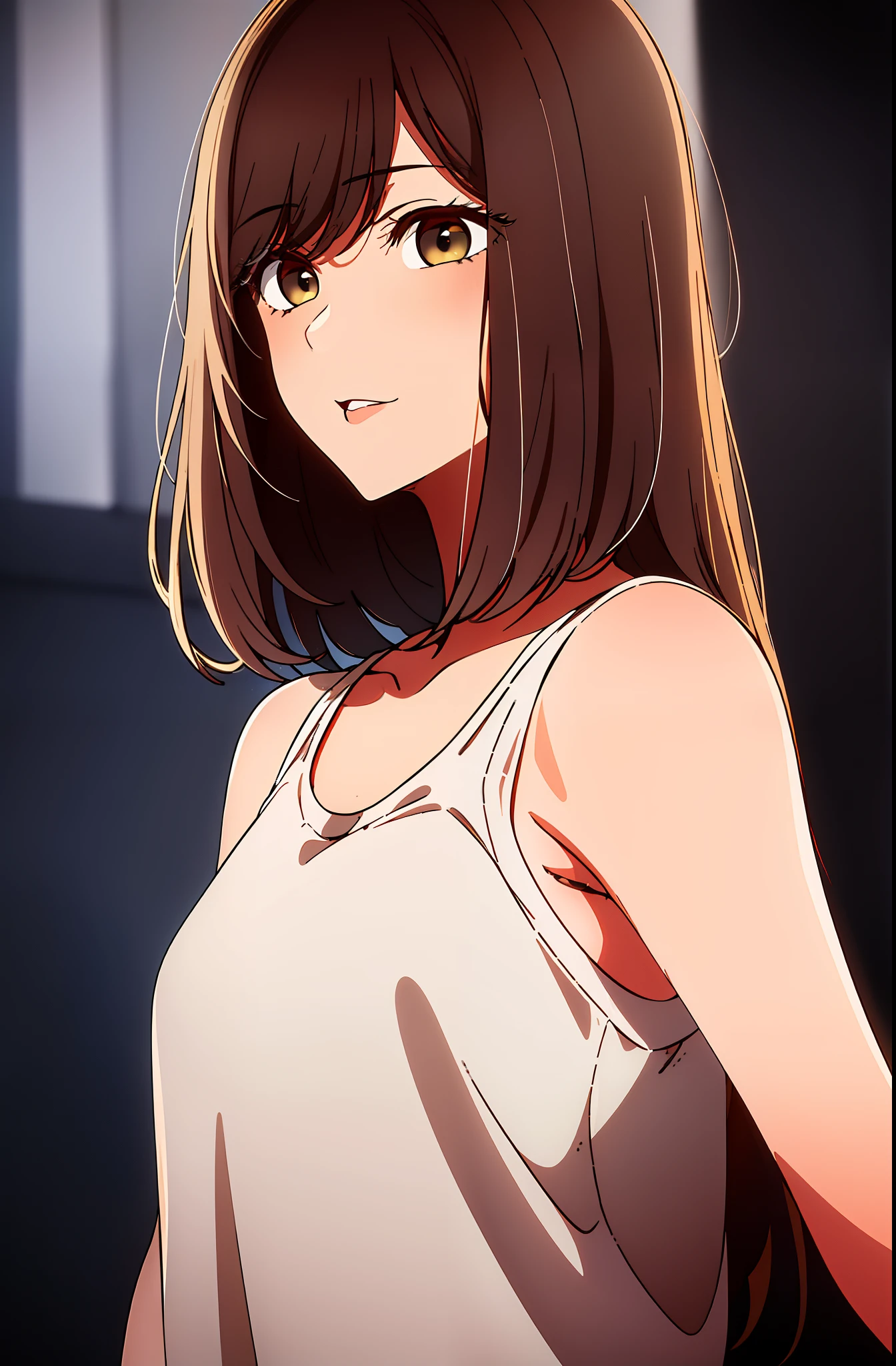 Girl, long brown hair, gray eyes, sharp features, white skin, cherry lips, soft and delicate,