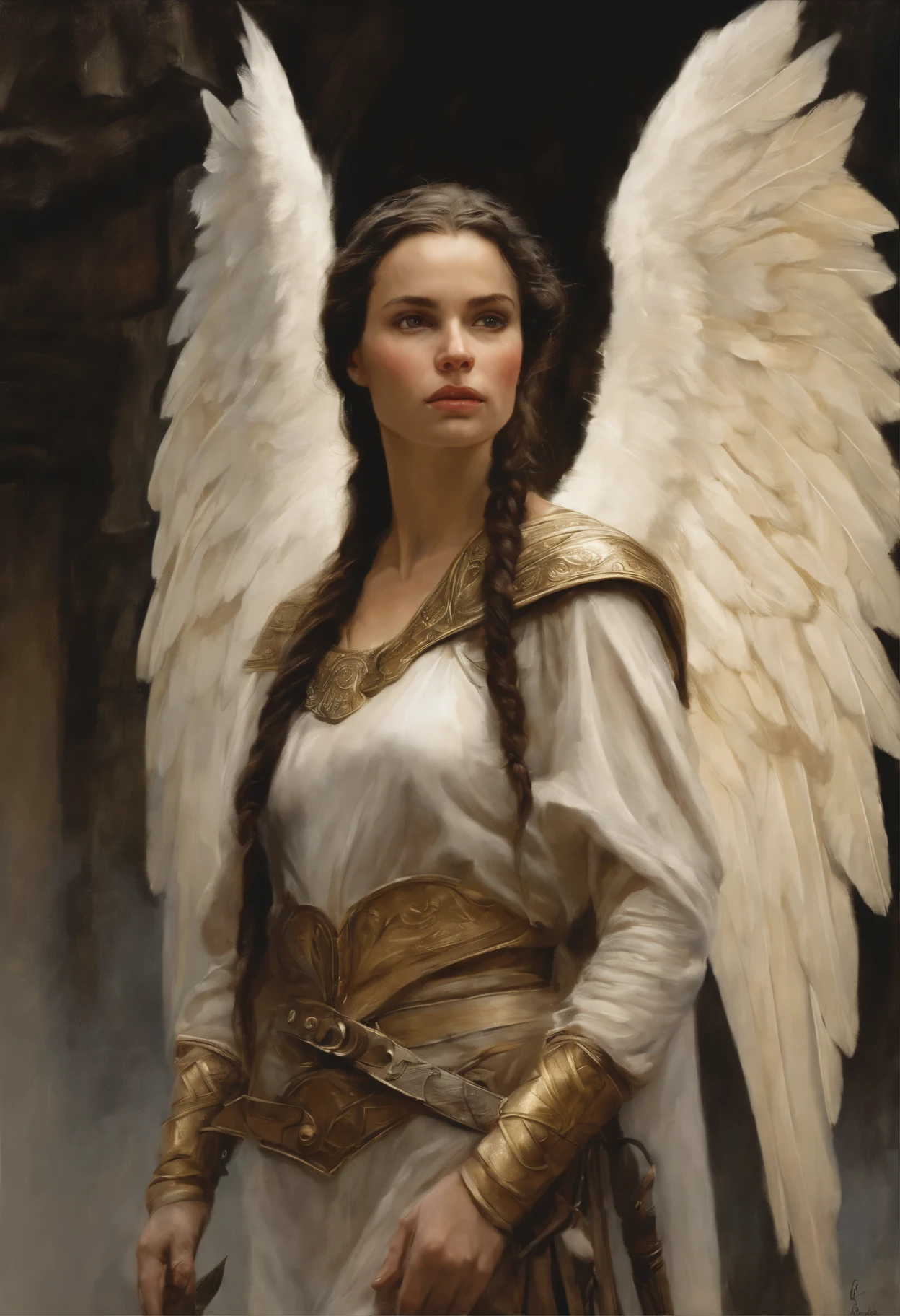 Realism, dark fantasy style, John Tolkien style, Small painting by Jean-Baptiste Monge, portraite of a, looks from the front, Soft facial features, Angel Girl, Average height, slightly plump dark pink lips "Cool eyebrows, dark brown eyes, drooping eye shape, looking at away, dark colored hair, hair braided in a long thick tight braid, classic braided hairstyle, slightly upturned nose, in the form of a Valkyrie, Carol Buck style, behind his back are huge open angel wings, Sword in hand, Slightly naked, Priestesses, dressed in white and gold clothes, holy golden armor, Celestial Queen, Standing next to a motorcycle, rain is dripping, The city, megalopolis, city trail, big house, glass skyscraper Jean-Baptiste Monge, anthropomorphic --ar 2:3 --testp -optimistic;