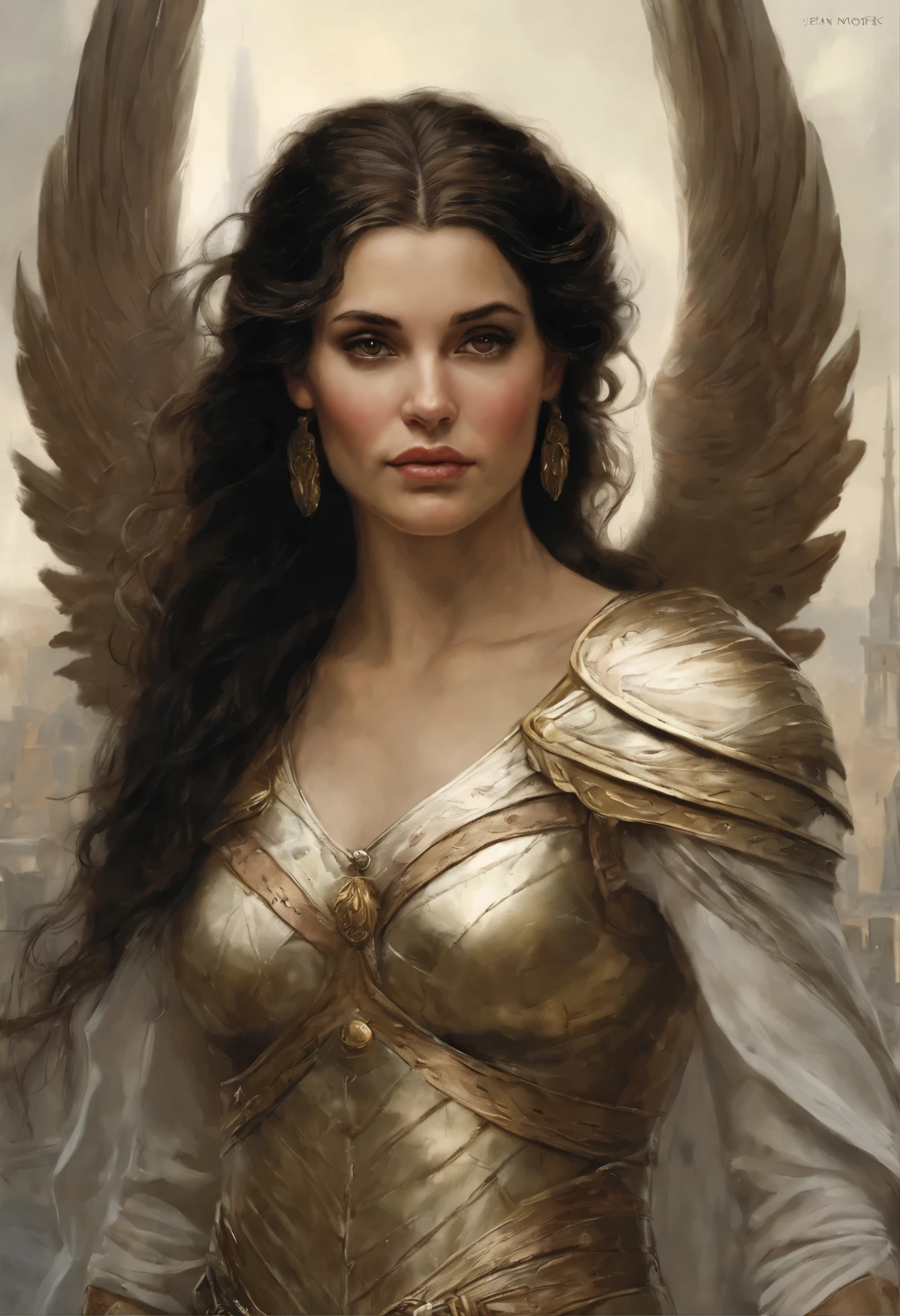 A close up of a woman with a golden dress and angel wings - SeaArt AI