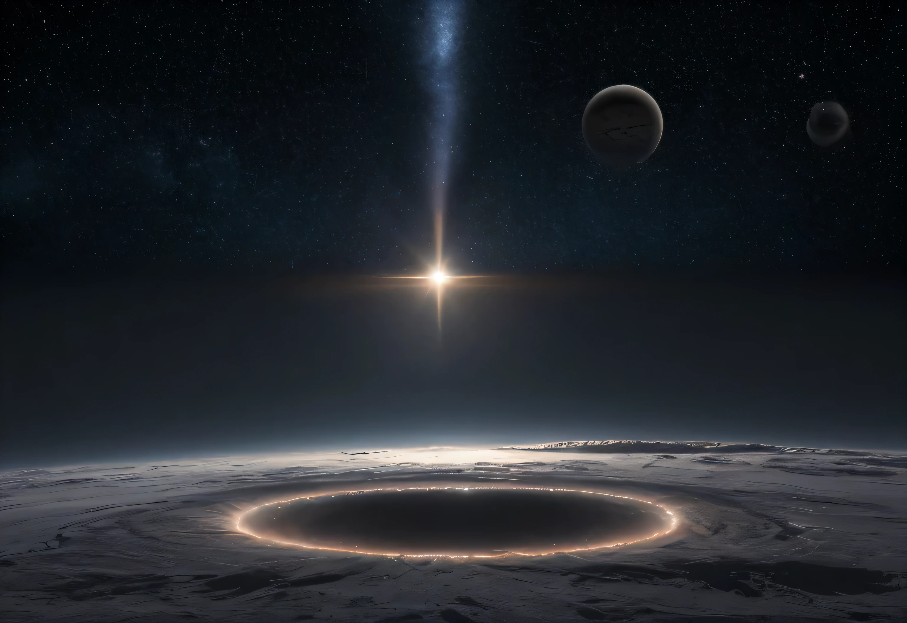 space, dreamlike, symbolism, surrealism, symbol, surreal, abstract, texture, concept art, 8k, shadowed, atmospheric, stars --uplight, black hole on center, sundog, perfect sun halo, circle
