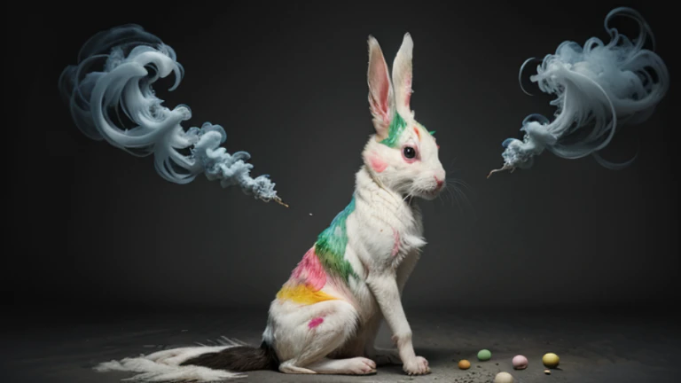 Evil Easter bunny surrounded by smoke, inspired by the works of Théodore Géricault and Hieronymus Bosch, encapsulating a sense of peace and serenity through vivid colors and lifelike details.
Explanation:
- Evil Easter bunny: The central subject of the artwork, representing a mischievous and dark interpretation of the traditionally cheerful Easter bunny.
- Smoke: The surrounding atmosphere, filled with thick smoke that adds a sense of mystery and unease to the scene.
- Theodore Gericault: The artistic influence for the composition and style of the artwork, drawing upon the dramatic and emotional works of the renowned French Romantic painter.
- Peace: Despite the sinister portrayal of the Easter bunny, the artwork aims to convey a sense of peace and tranquility, providing a contrasting element to the overall theme.
- Hieronymus Bosch: Another artistic inspiration, incorporating elements of Bosch's surreal and fantastical imagery to create a visually intriguing composition.
- (best quality,4k,8k,highres,masterpiece:1.2): The desired image quality, emphasizing the importance of high-resolution and masterfully crafted details in the final artwork.
- ultra-detailed: Describing the level of detail present in the artwork, ensuring that every aspect of the scene is meticulously rendered.
- (realistic,photorealistic,photo-realistic:1.37): The desired artistic style for the artwork, striving to achieve a realistic and lifelike representation of the subject.
- vivid colors: The color palette of the artwork, focusing on vibrant and eye-catching hues to create a visually striking composition.
- portraits: The specific artistic genre that the artwork falls into, portraying the evil Easter bunny as a menacing character in a portrait-like manner.
- HDR: The desired lighting technique, implementing high dynamic range (HDR) imaging to enhance the overall visual impact and realism of the scene.
- studio lighting: The specific lighting setup used during the creation of the artwork, en