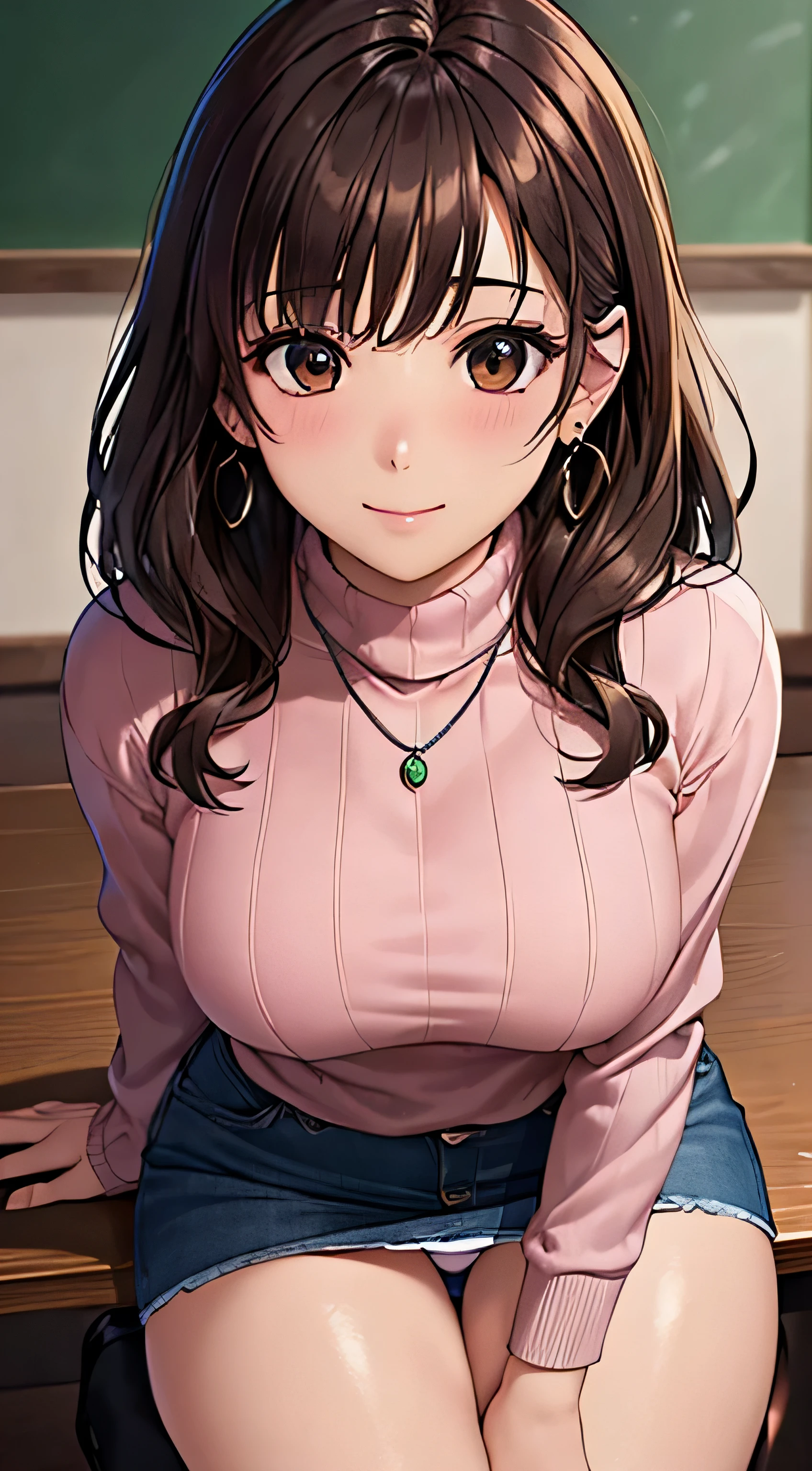 (table top, highest quality, High resolution, , perfect pixel, 4k,), 1 girl, single, alone, Beautiful woman、I could see the whole body、 ((wavy mid-length hair, bangs, brown hair)), ((brown eyes, beautiful eyelashes, realistic eyes)), ((detailed face, blush:1.2)), ((smooth texture:0.75, realistic texture:0.65, realistic:1.1, Anime CG style)), medium breasts, dynamic angle, perfect body, ((, female teacher, , earrings、necklace、turtleneck sweater、、black knee high stockings、((open both legs wide、open both knees))、Tight denim skirt、shy smile、Sitting at the pulpit、emphasize the chest、、)), 、、、evening、、(You can see her pink and white lace panties、、(、)、)、