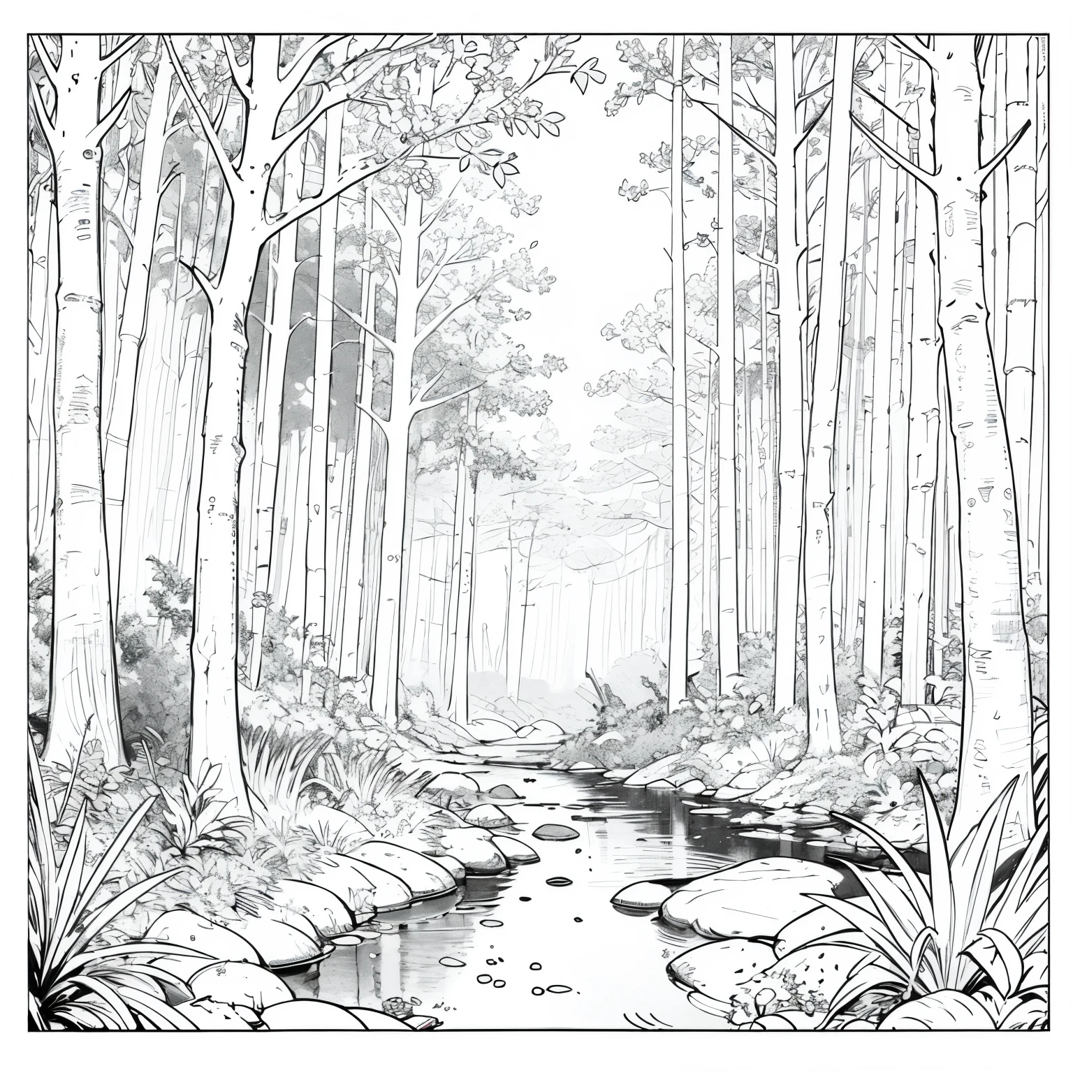 ((highest quality)), ((masterpiece)),simple design,coloring book,picture book,line drawing,black and white,The sun clearly visible from the forest