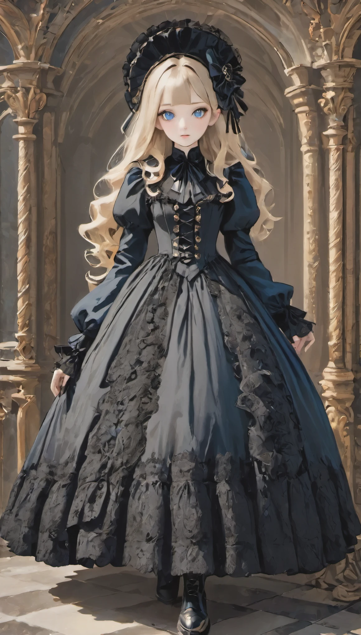 woman wearing dress and boots ,small face、 baroque dress, Wearing an elaborate steampunk dress, elegant gothic princess, victorian gothic lolita fashion, historical baroque dress dark, black gothic lolita dress, fantasy style clothing, rococo dress, black rococo,  fantasy costume, wearing a gothic dress, romantic dress, gothic dress,blonde,,(((upper body portrait)))blue eyes