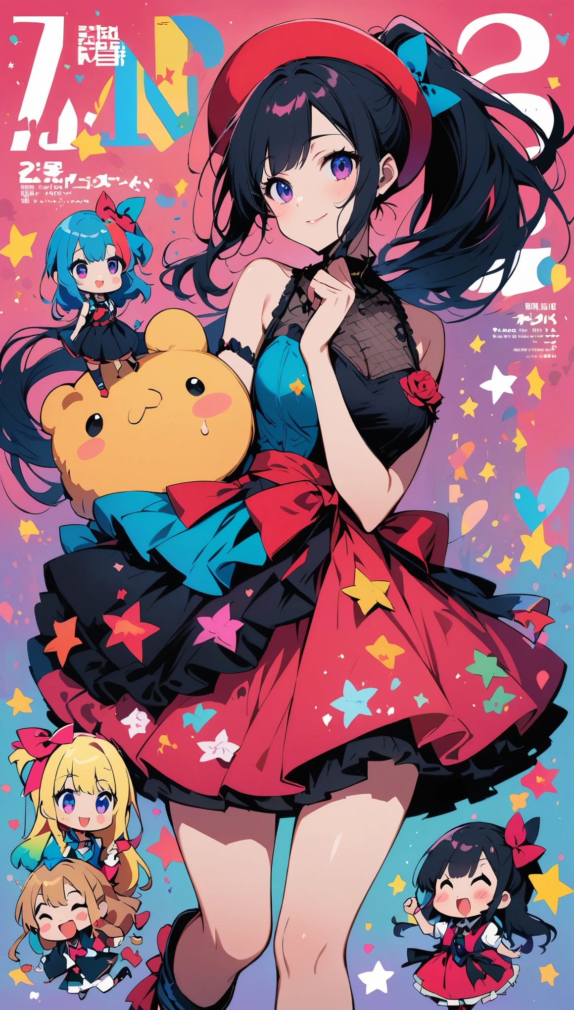 Fashion magazine cover:1 girl, Lovely , Number 25, Sweet colorful dress, Idol, There are stars on the face, medium long hair, Colorful hair. Japanese cartoons, full-body shot