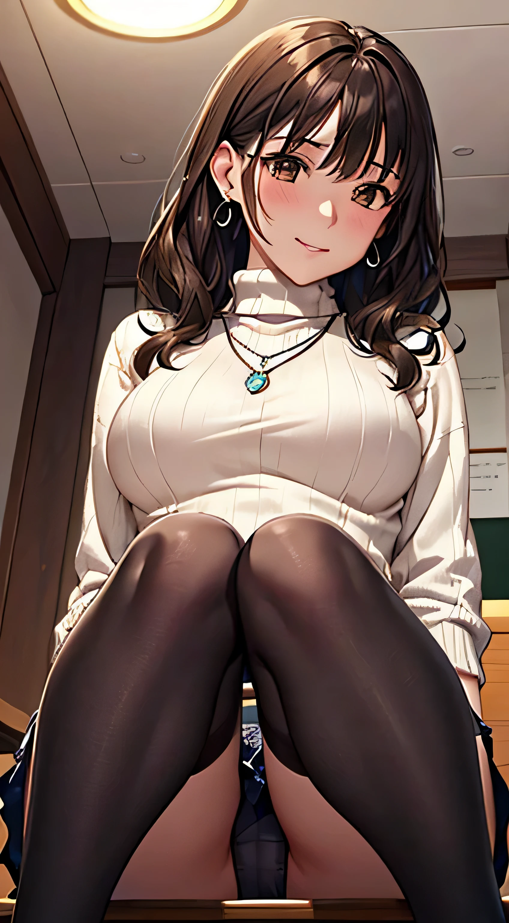 (table top, highest quality, High resolution, , perfect pixel, 4k,), 1 girl, single, alone, Beautiful woman、I could see the whole body、 ((wavy mid-length hair, bangs, brown hair)), ((brown eyes, beautiful eyelashes, realistic eyes)), ((detailed face, blush:1.2)), ((smooth texture:0.75, realistic texture:0.65, realistic:1.1, Anime CG style)), medium breasts, dynamic angle, perfect body, ((, female teacher, , earrings、necklace、 turtleneck sweater、、black knee high stockings、((open both legs wide、open both knees))、Tight denim skirt、shy smile、Sitting at the pulpit、emphasize the chest)), Upper grade、、、evening、、(You can see the blue and white lace panties、、(、)、angle from below)、