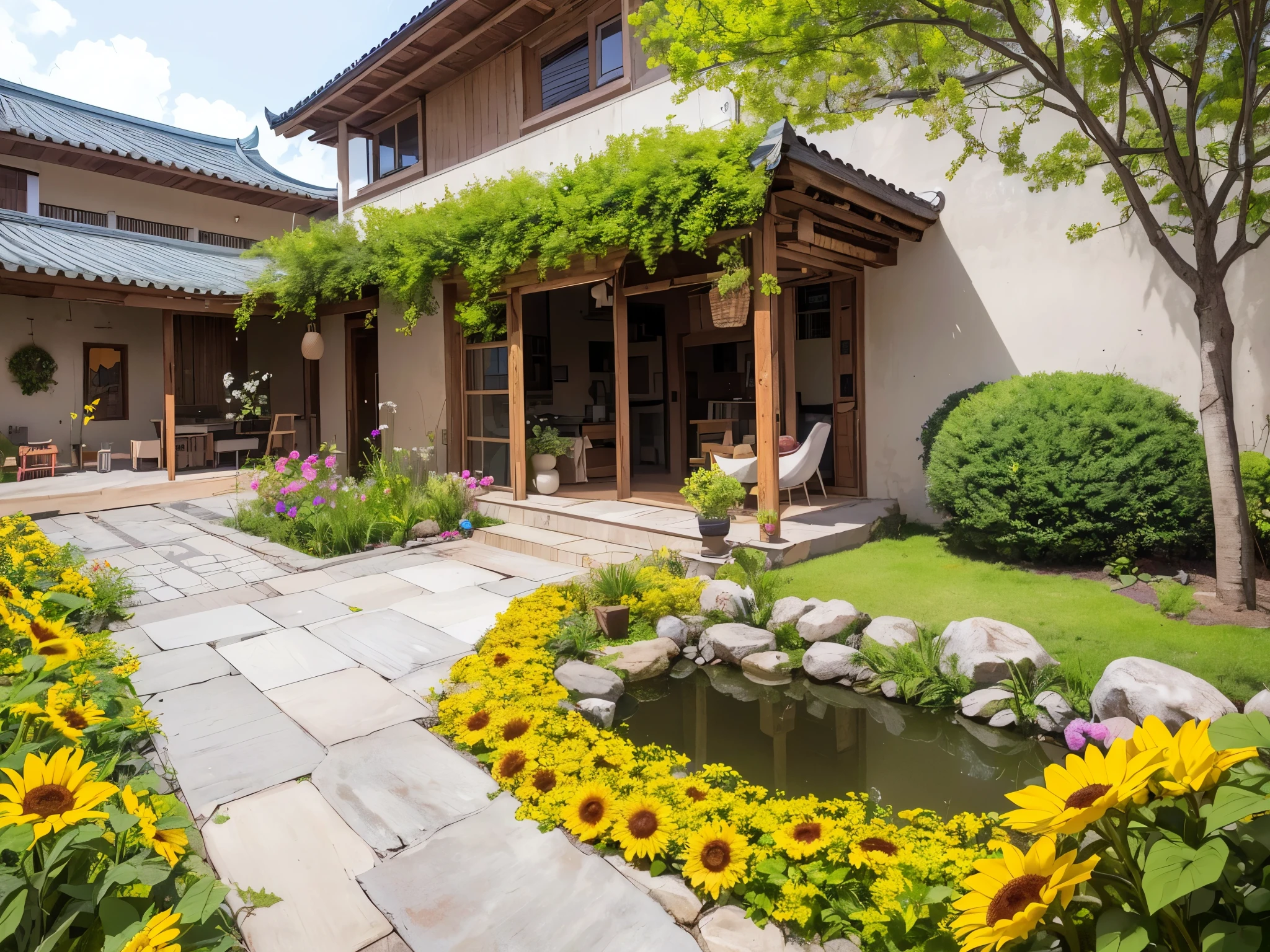 ,masterpiece, best quality,8K, ultra high resolution,Stroll the grounds,The fragrance of flowers in the garden welcomes the garden,The joyful sounds of cicadas and birds chirping in my ears。The rustic courtyard dominates the strong natural atmosphere,Sunflowers blooming in the flower bed,like a blooming note,Arouse love and peace in your heart。The floor is covered with red tiles,stone wall,Give people a sense of simplicity、comfortable feeling。