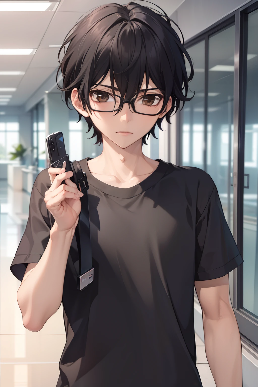 masterpiece, best quality, wallpaper, 1boy, solo, male focus, looking at viewer,walking , depth of field, momo_sakaki, black hair, brown eyes, hair between eyes, black shirt, Short sleeves shirt,black shorts, glasses, 16k resolution