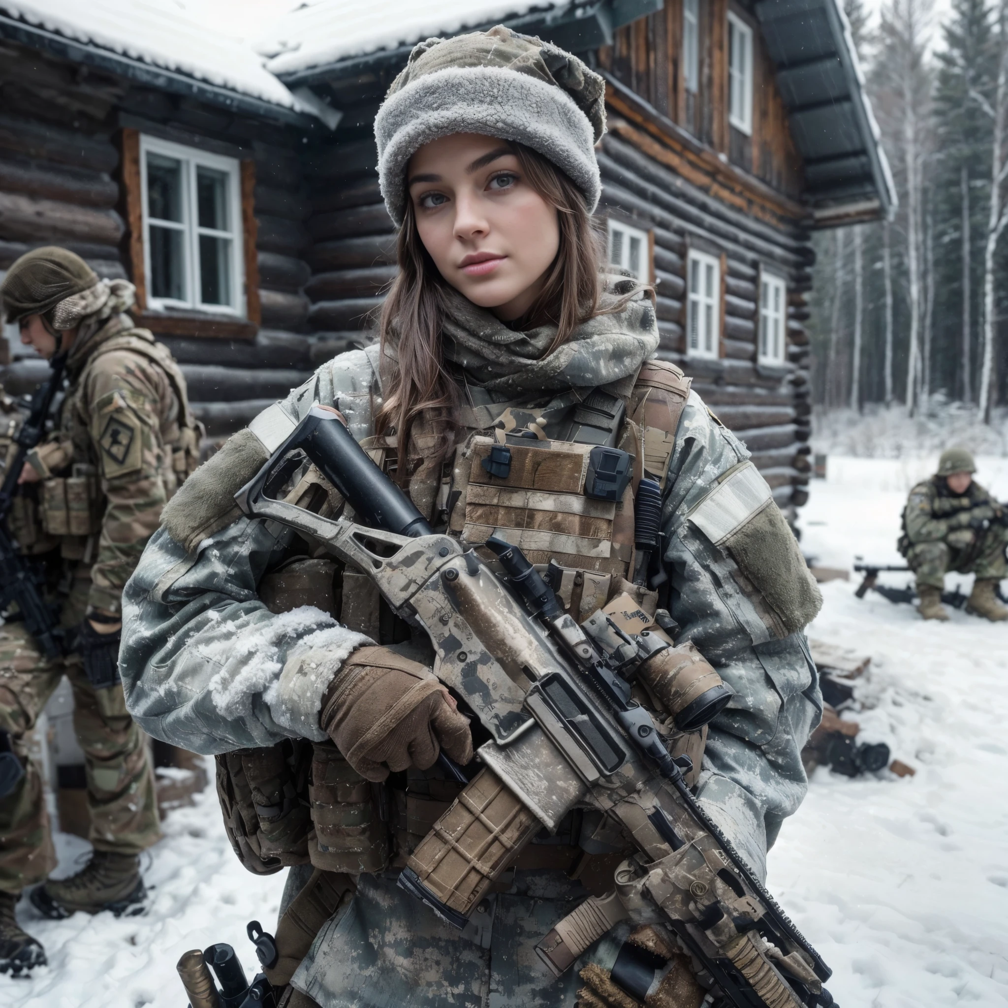 Masterpiece, a 26 years old French female officer in winter camouflaged uniform holding a rifle in front of a group of soldiers, beautiful face, light brown very short hair, hazel eyes, white skin, natural makeup, smirking, an arafed woman in winter gear holding a rifle in front of a log house, infantry girl, of a sniper girl in war, soldier girl, beautiful female soldier, ready for combat, military girl, realistic soldiers, with rifle, anna nikonova aka newmilky, mechanized soldier girl, m4 sopmod ii girls frontline, anton fadeev, 16K, ultra high res.photorealistic:1.4, UHD, RAW