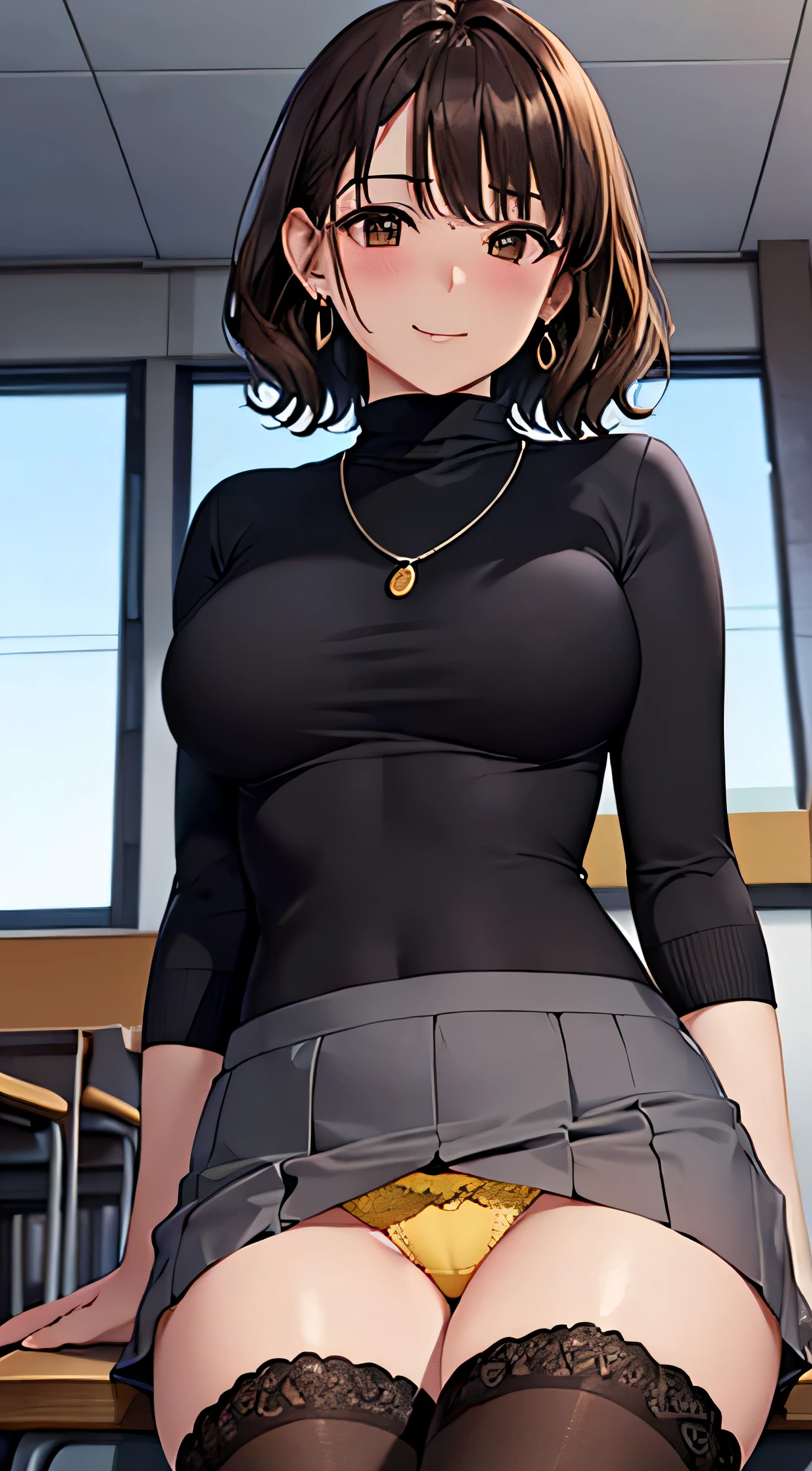 (table top, highest quality, High resolution, , perfect pixel, 4k,), 1 girl, single, alone, Beautiful woman、I could see the whole body、 ((wavy short hair, bangs, brown hair)), ((brown eyes, beautiful eyelashes, realistic eyes)), ((detailed face, blush:1.2)), ((smooth texture:0.75, realistic texture:0.65, realistic:1.1, Anime CG style)), medium breasts, dynamic angle, perfect body, ((, female teacher, , earrings、necklace、White turtleneck sweater、black long flare skirt、black knee high stockings、open both legs wide、、shy smile、sit at a desk in the classroom、touch your chest with both hands)), Upper 、、、evening、、(Yellow lace panties are visible、、、angle from below)、