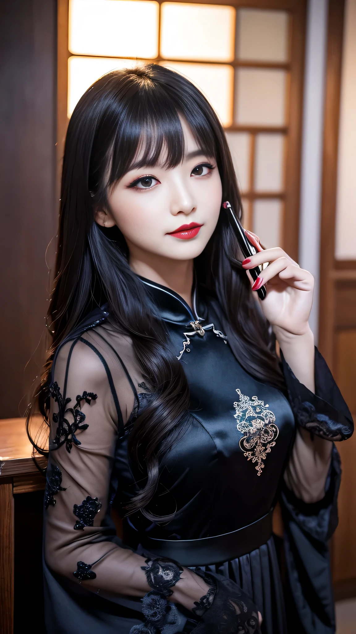 tra-detailed、Japanese、attractive beauty、seductive adult woman、pretty woman、piercing eyes、cool girl、wavy hair、swept bangs、Long Black Cheongsam、wide sleeves、Evil cadres、evil depravity、brainwash、mind control、lipstick、lip gloss、dark makeup、smirk、evil look、evil、hollow eyes,half-closed eyes、empty eyes、evil、night walk、vampire、succubus、vampire、makeup brush、Swear allegiance、stand