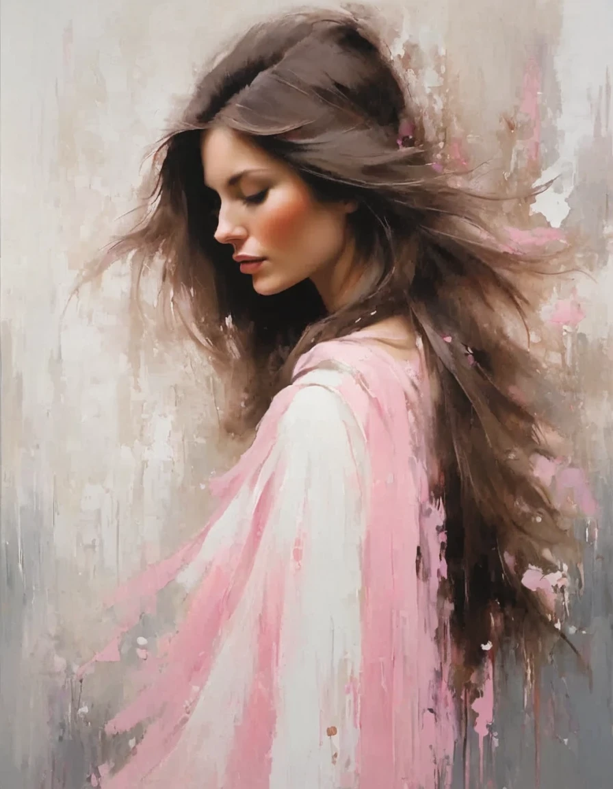 white on white painting of a faceless woman with no eyes, nose or mouth, her face is gone, just a smear, her hair is wild and fades into the canvas, hard thick brush strokes, rusty debris, dark gray and pink, candid portraits, layered translucency, hard edge painter, multi-layered figures, photo-realistic techniques, Coby Whitmore, Daniela Uhlig, Phil Noto 