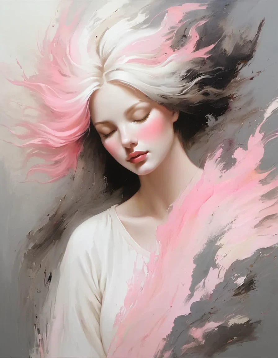 white on white painting of a faceless woman with no eyes, nose or mouth, her face is gone, just a smear, her hair is wild and fades into the canvas, hard thick brush strokes, rusty debris, dark gray and pink, candid portraits, layered translucency, hard edge painter, multi-layered figures, photo-realistic techniques, Coby Whitmore, Daniela Uhlig, Phil Noto --ar 9:16 --s 750 --v 5.1