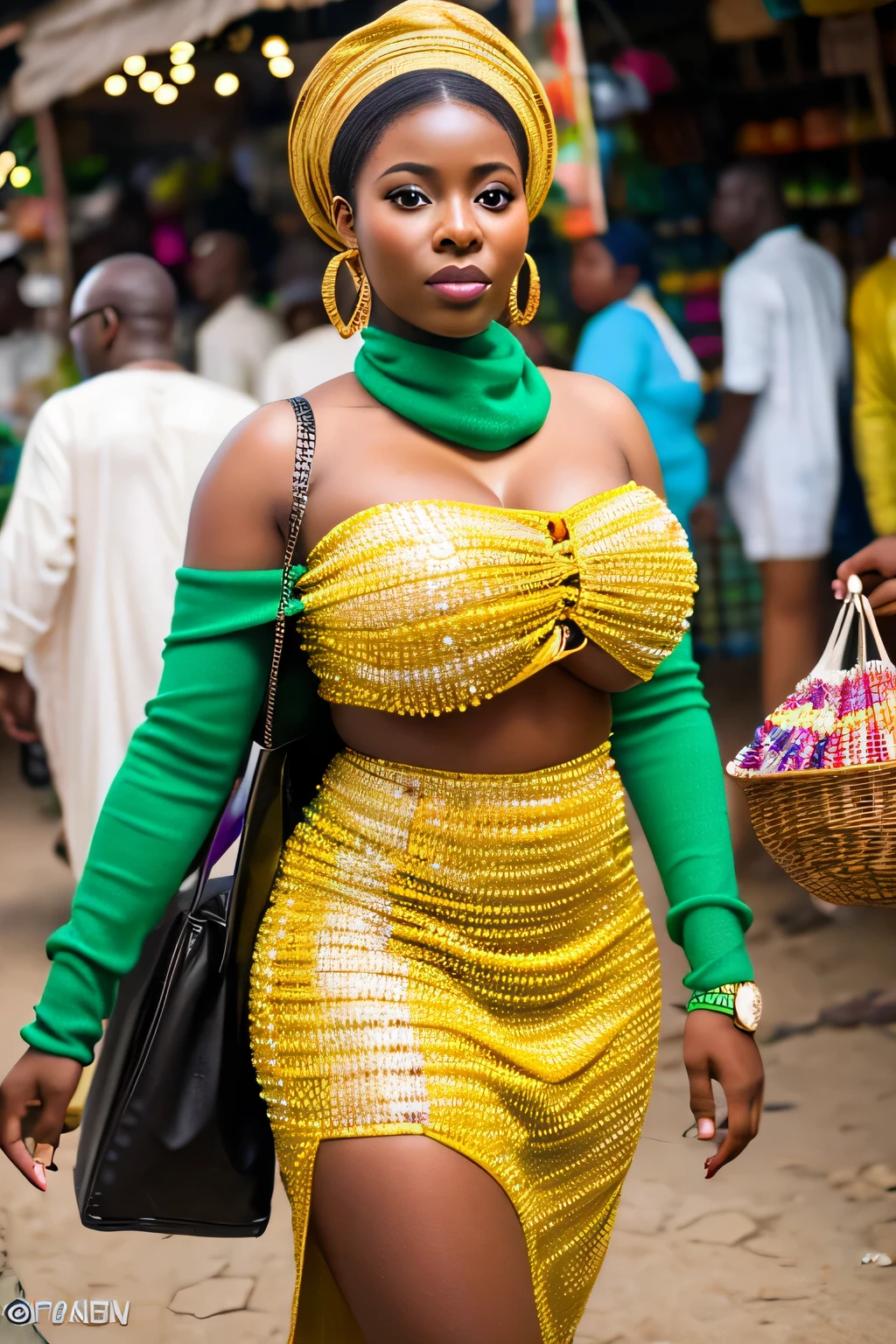 8k, highest quality, ultra details, Nigerian, young girl, insanely busty, curvaceous, voluptuous, big breasts, big hips, Nigerian look, Nigerian attire, head tie, beaded accessories, walking through a market, covered body, bursting breasts, off shoulder nigerian outfit, carrying her bag of groceries
