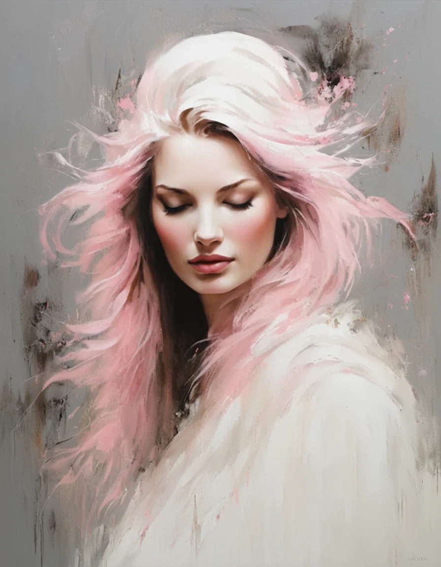 white on white painting of a faceless woman with no eyes, nose or mouth, her face is gone, just a smear, her hair is wild and fades into the canvas, hard thick brush strokes, rusty debris, dark gray and pink, candid portraits, layered translucency, hard edge painter, multi-layered figures, photo-realistic techniques, Coby Whitmore, Daniela Uhlig, Phil Noto --ar 9:16 --s 750 --v 5.1