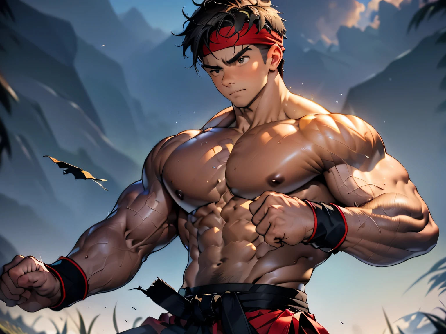 (Masterpiece, Best quality 18 year old boy, simple background, cowboy shot, looking away), focus boy, solo, Young, boy, full bodyesbian, Shirtless, topless, (Dark Short straight hair, under cut, brown eyes), (torn cloth, red headband, ((black wristband))), Vivid colors, (hot Abs, big breast, chest muscle, upper arms), (topless male), closed mouth, serious, tight muscler body, Man with martial arts stance, (((epic martial arts pose)))